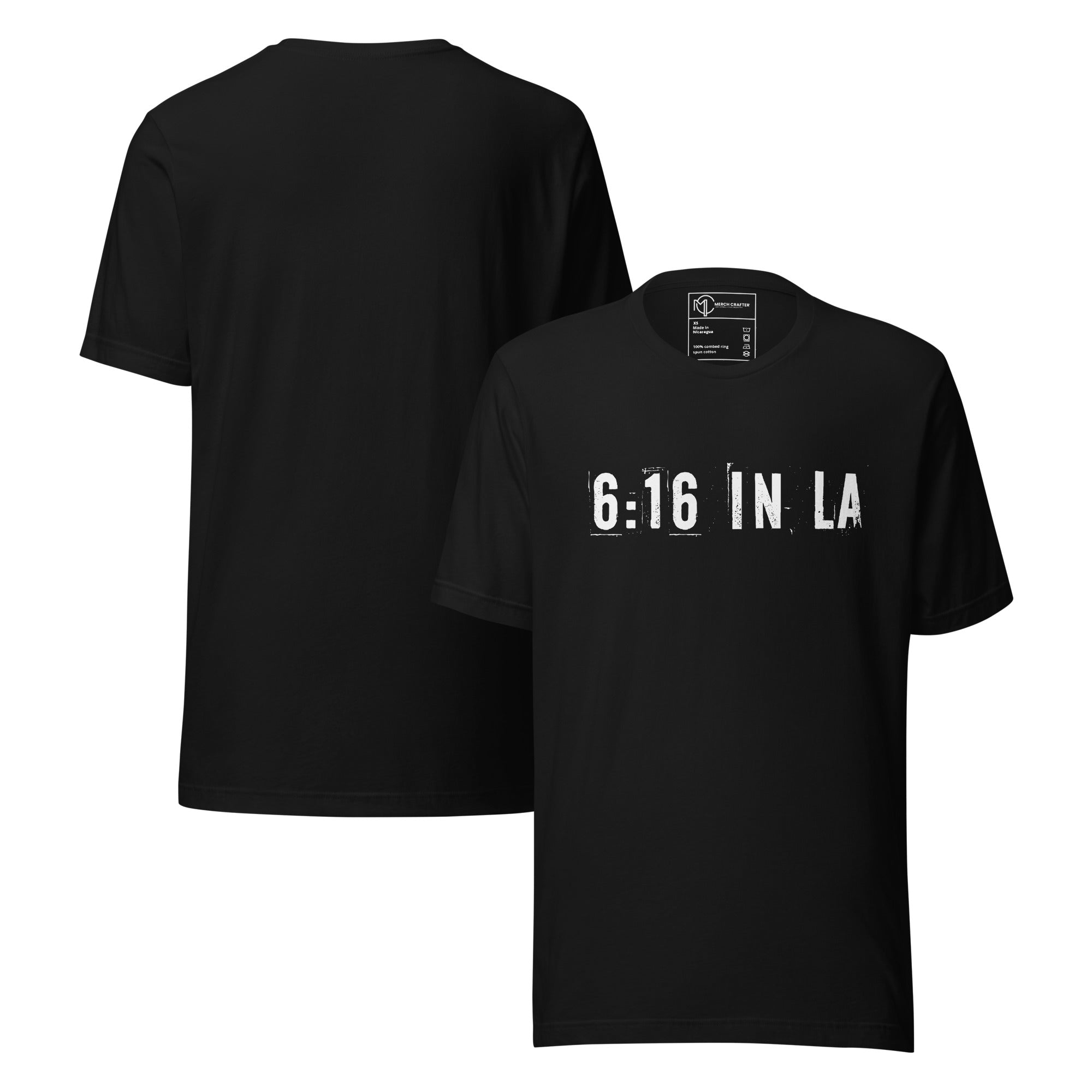 6:16 in LA Retro Unisex T-Shirt featuring bold distressed lettering on a black background.