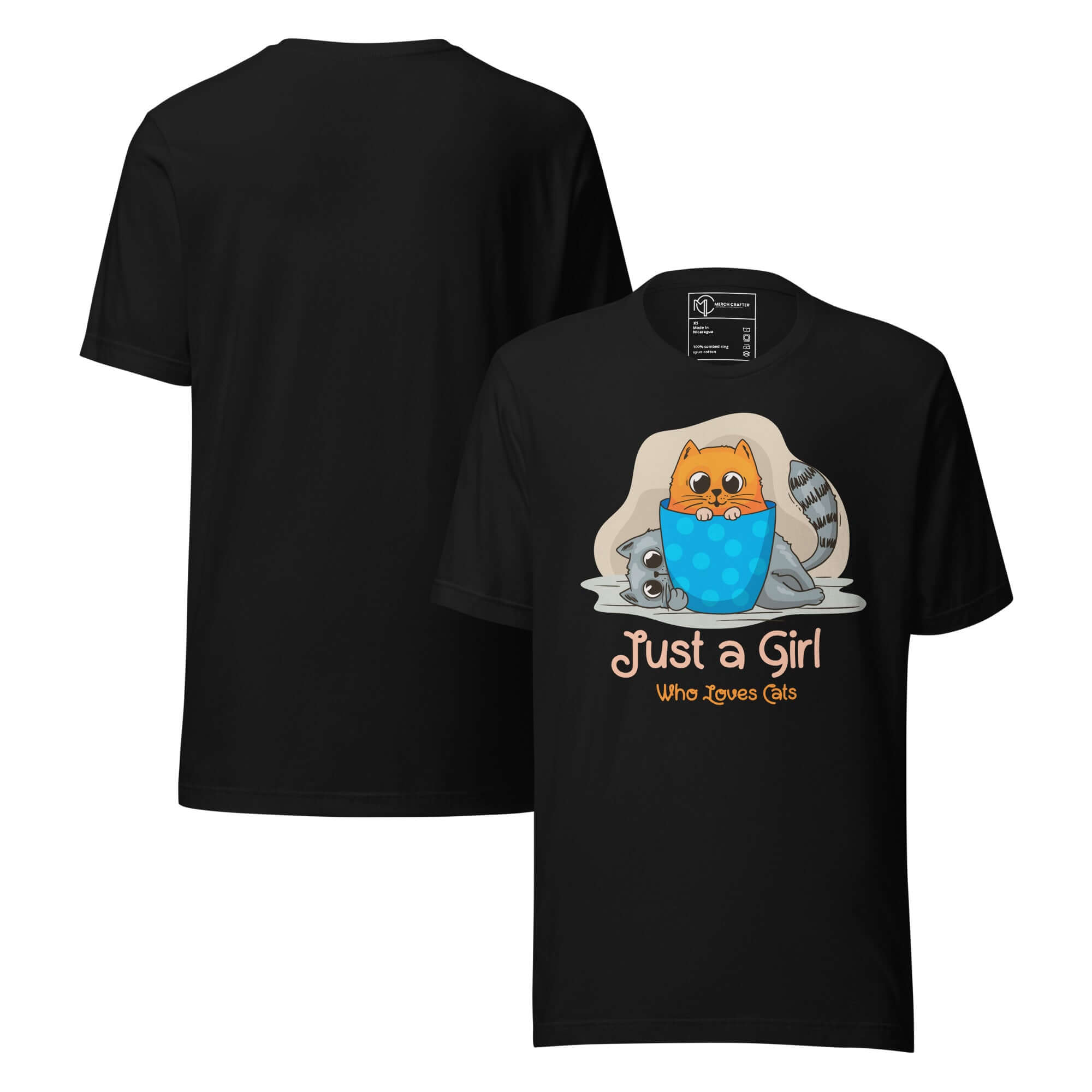 Just a Girl Who Loves Cats Cute Unisex T-Shirt featuring an adorable cartoon cat design on a black tee.