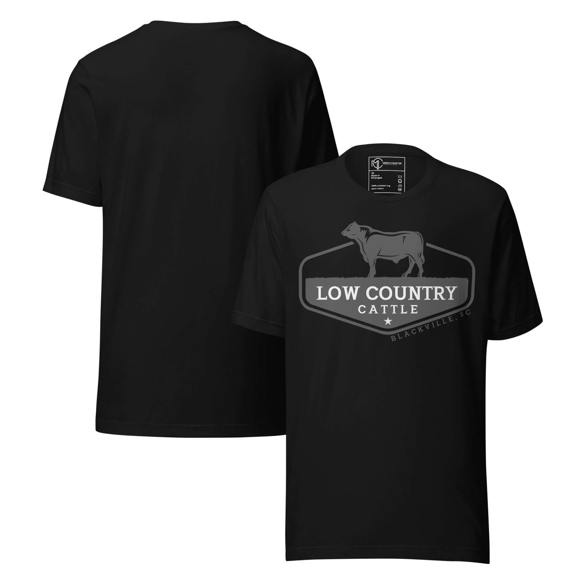 Low Country Cattle Ranch Pride Unisex T-Shirt featuring a bold cattle logo on a black tee.