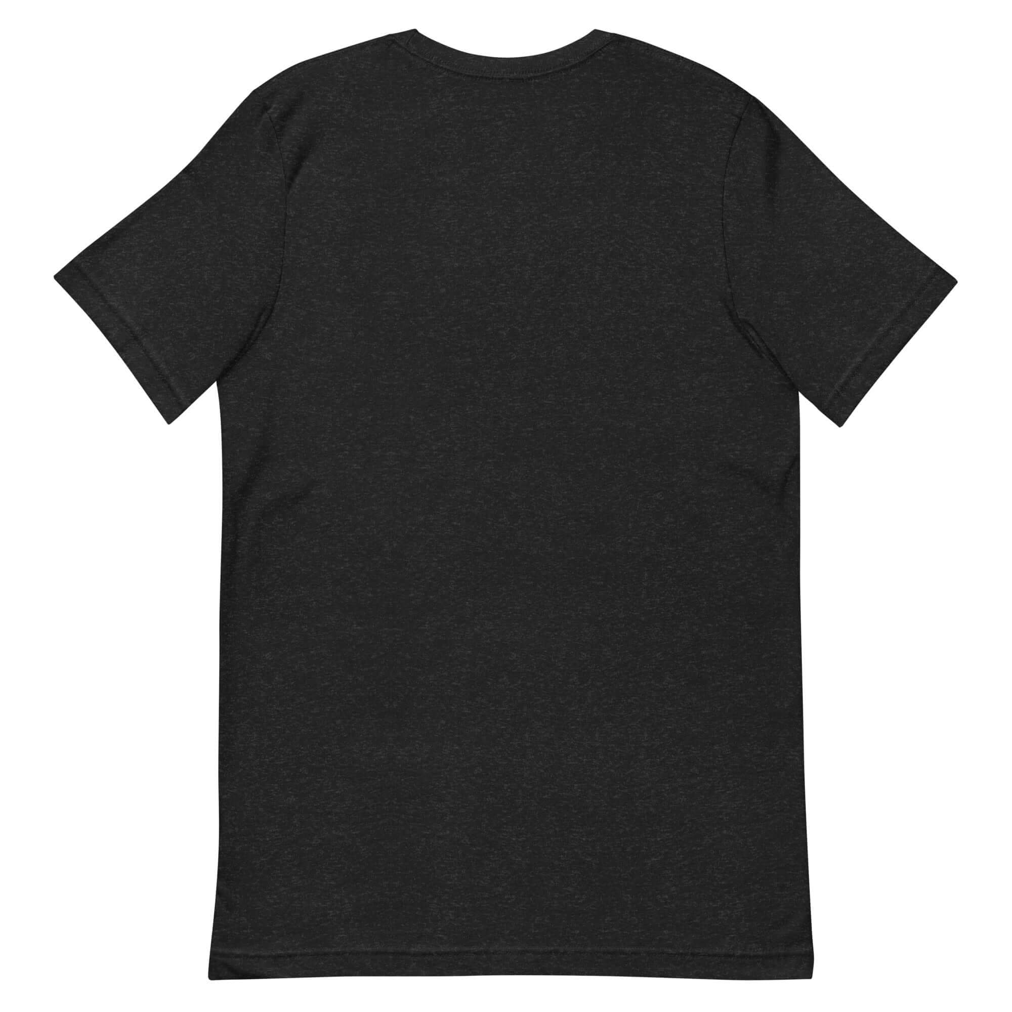 Back view of unisex black t-shirt featuring a blank design, ideal for casual wear and customization.