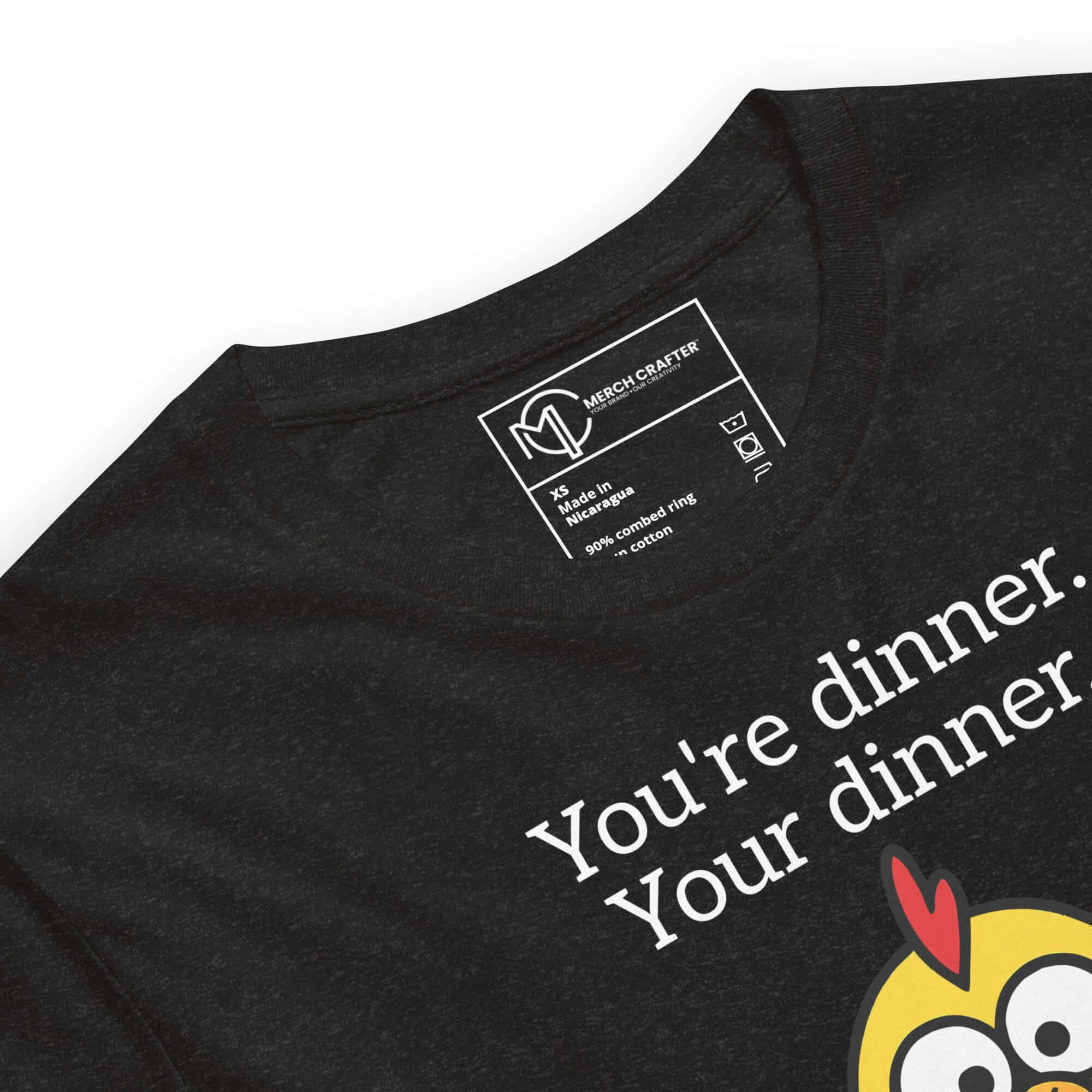 Funny Grammar Matters Chicken T-Shirt with quote 'You're dinner. Your dinner.' and cartoon chicken design.