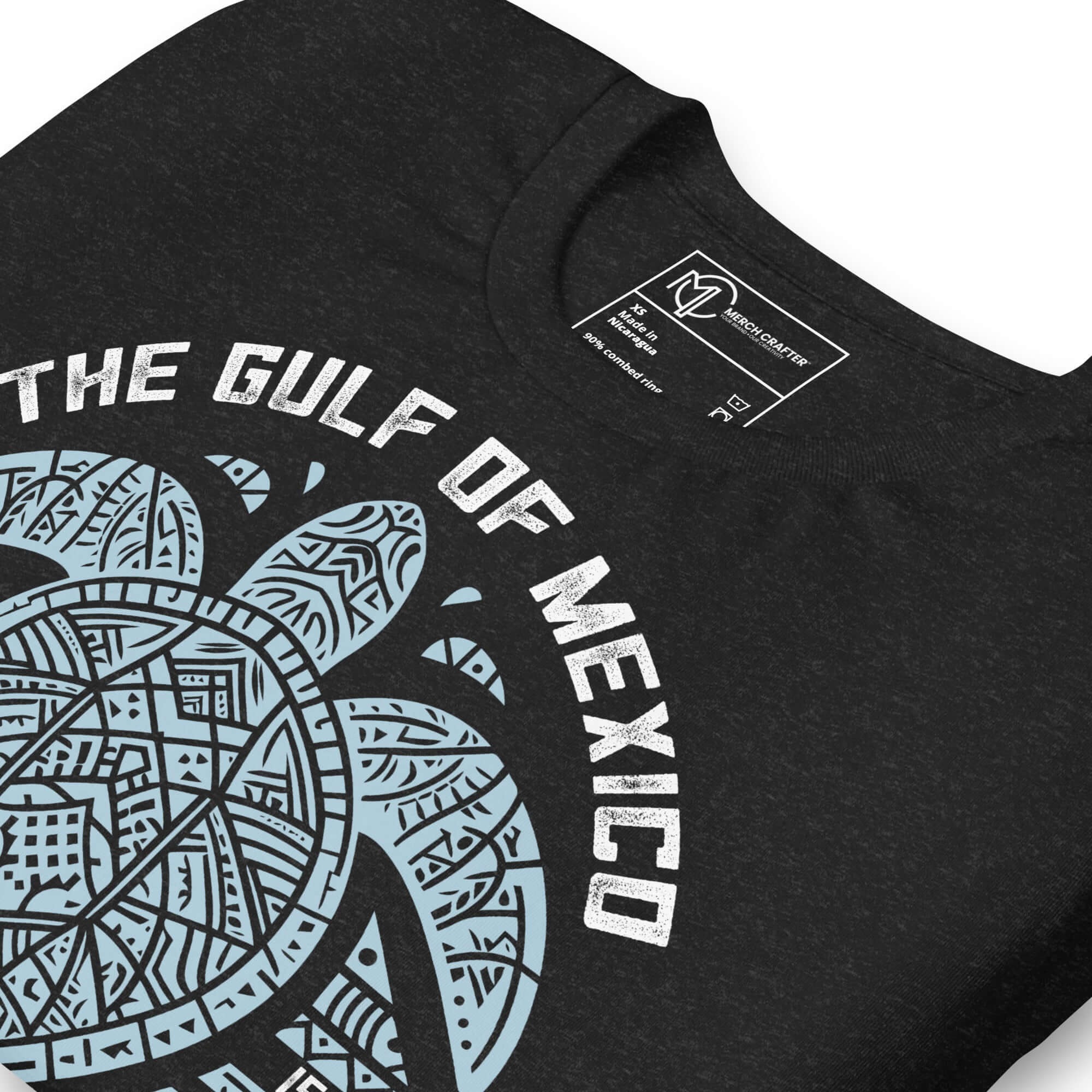 Gulf of Mexico Tribal Turtle t-shirt with bold sea turtle design and 'Be Salty and Resist' message.