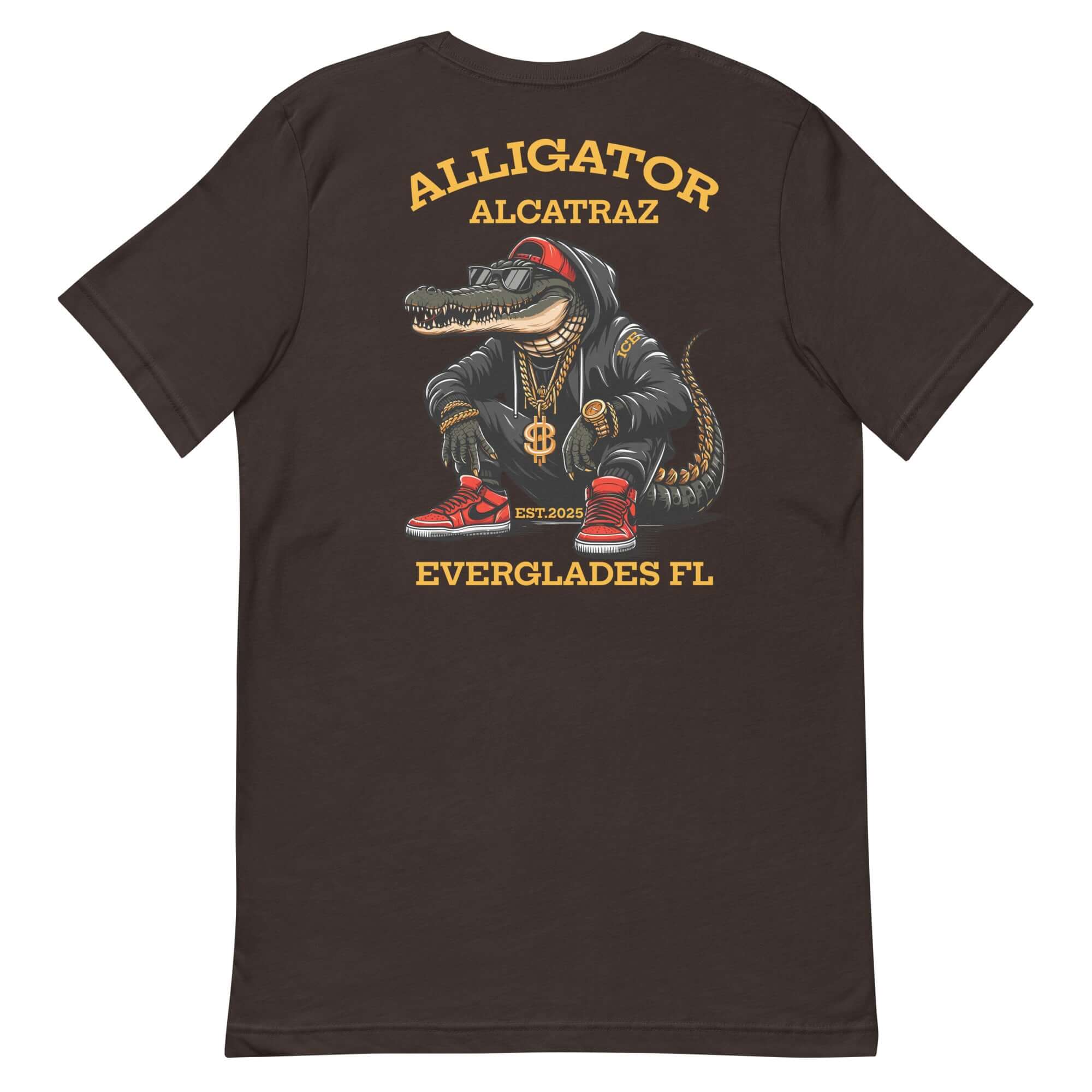 Alligator Alcatraz shirt featuring a gator in a hoodie, chains, and sneakers, representing Florida swamp and prison humor.