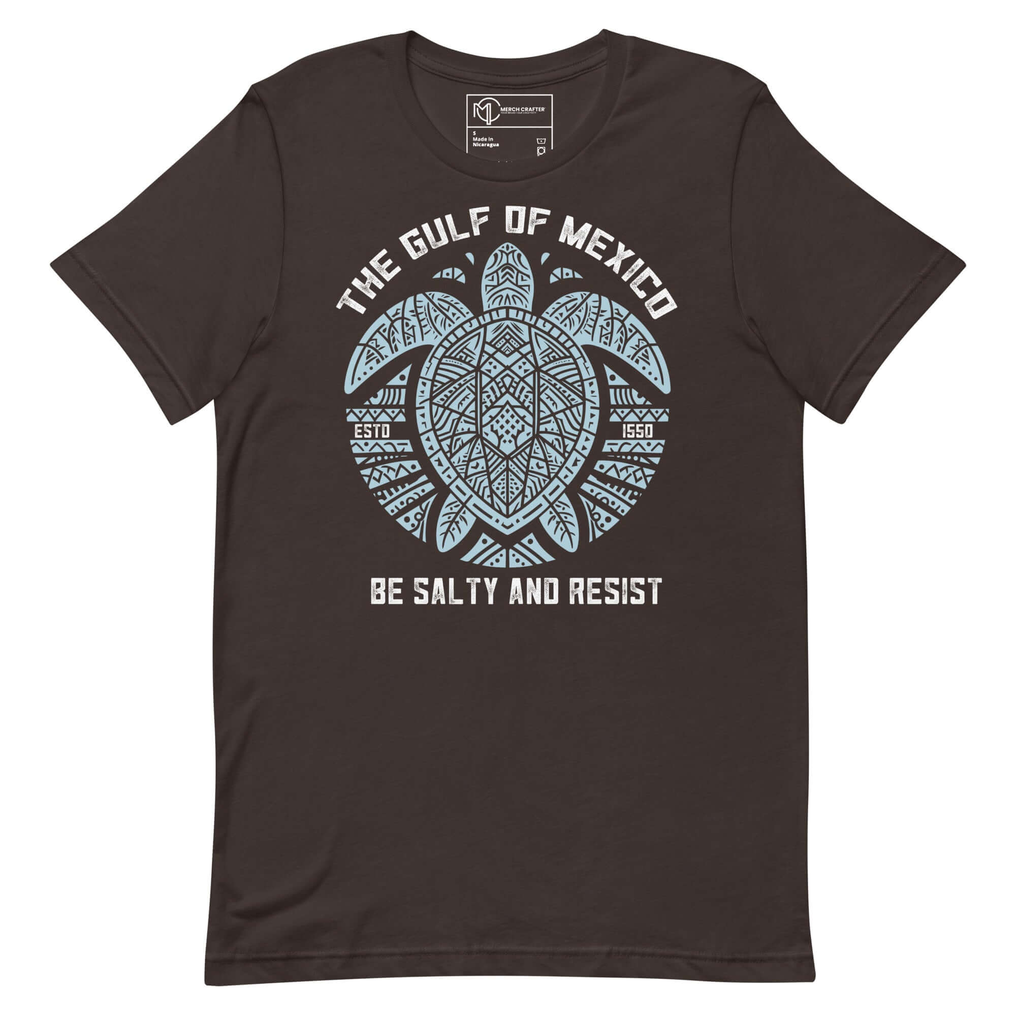 Gulf of Mexico turtle t-shirt featuring tribal design and 'Be Salty and Resist' message, perfect for ocean lovers.
