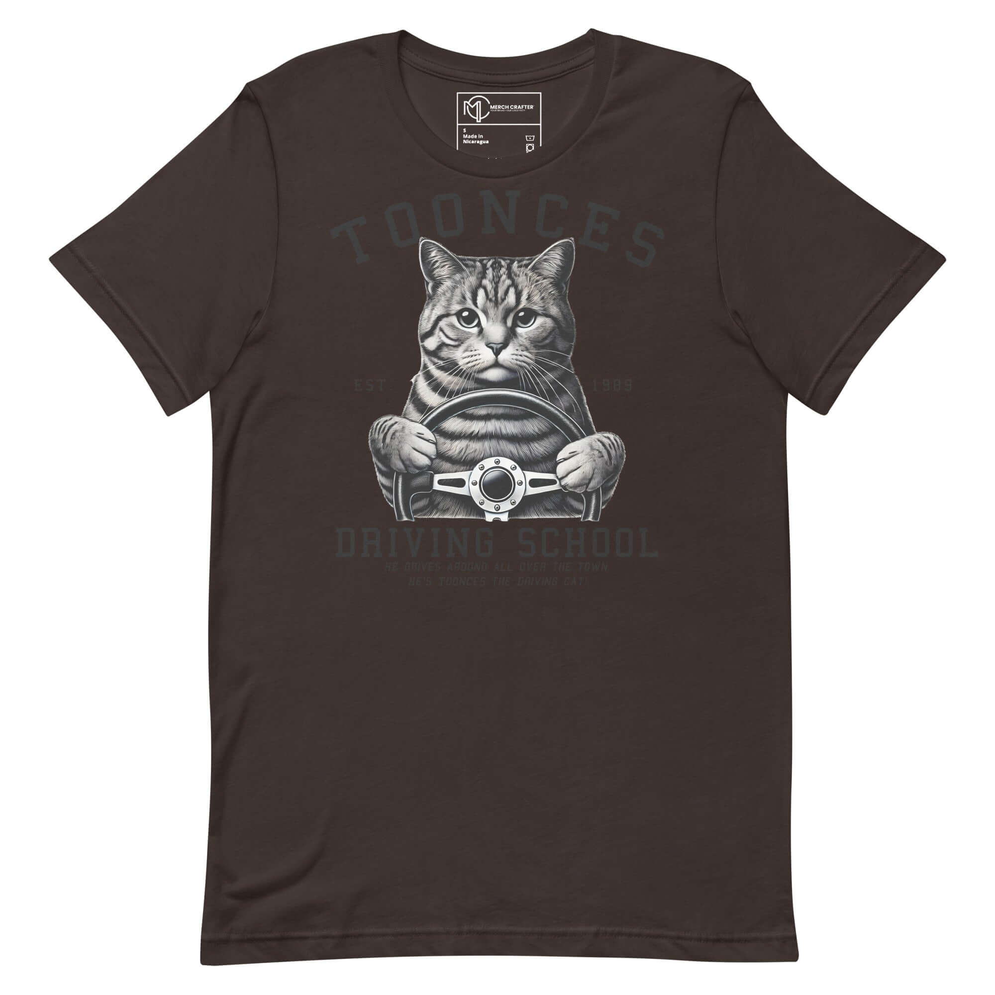 Toonces Driving School t-shirt featuring a cat gripping the steering wheel, tribute to Toonces the Driving Cat from SNL.