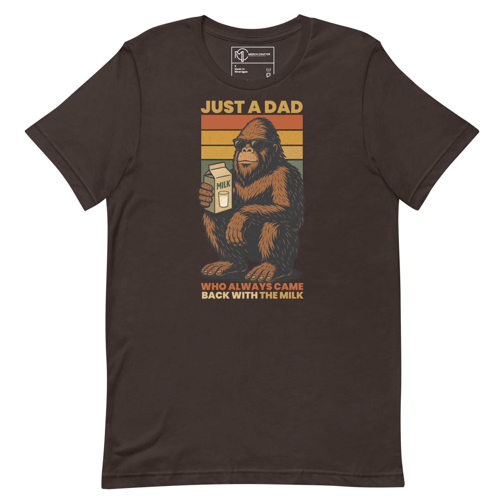 Funny Bigfoot dad T-shirt featuring Sasquatch with milk carton on vintage rainbow background.