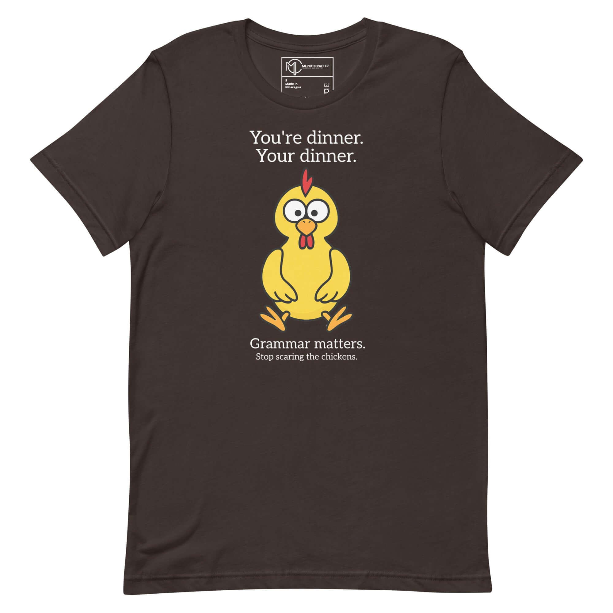 Funny chicken t-shirt design with quote about grammar and pun, featuring a cartoon chicken in yellow on a dark background.