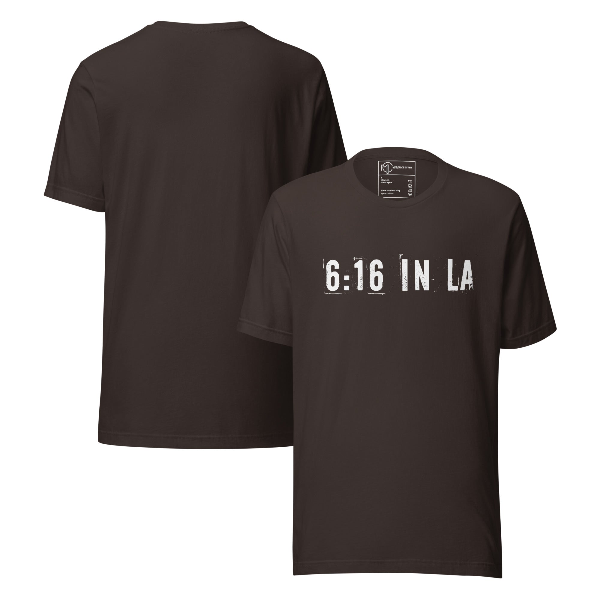 6:16 in LA Retro Unisex T-Shirt featuring bold distressed lettering in black