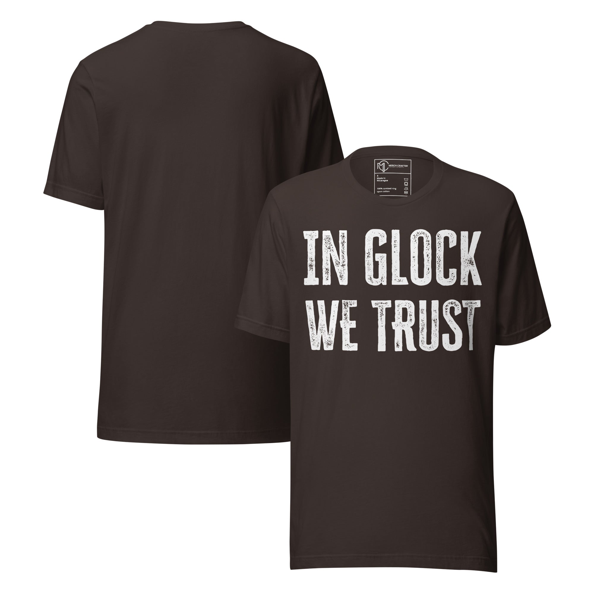 In Glock We Trust Retro Unisex T-Shirt featuring distressed block text design on a black t-shirt.