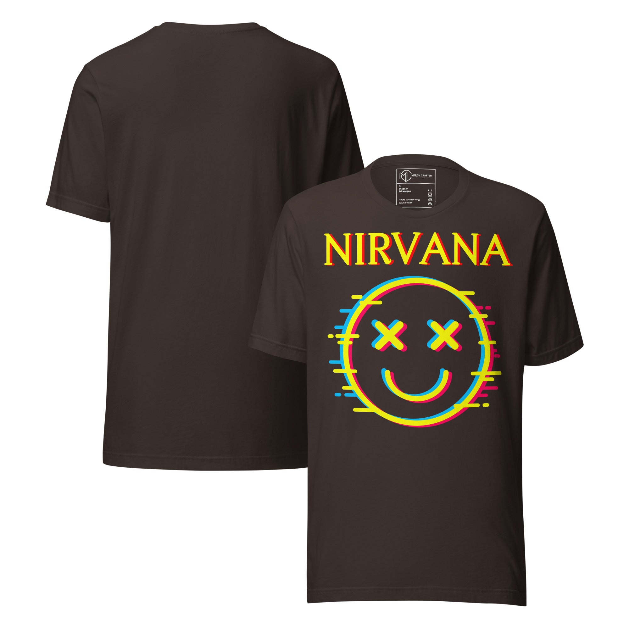 Vintage Nirvana Retro Unisex T-Shirt featuring neon glitch-style smiley face graphic.