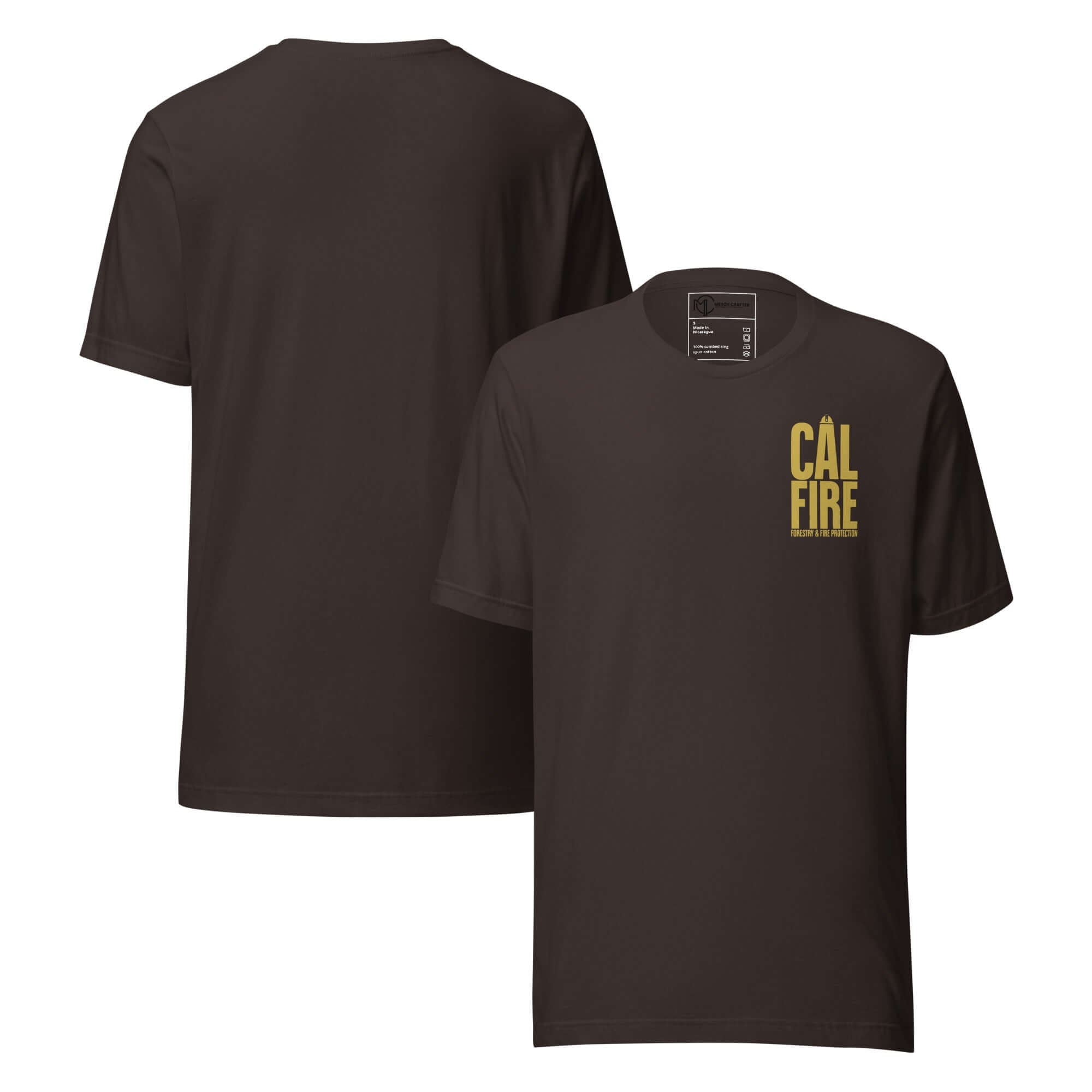 CAL FIRE Forestry & Fire Protection Retro Unisex T-Shirt in dark brown with bold gold lettering.