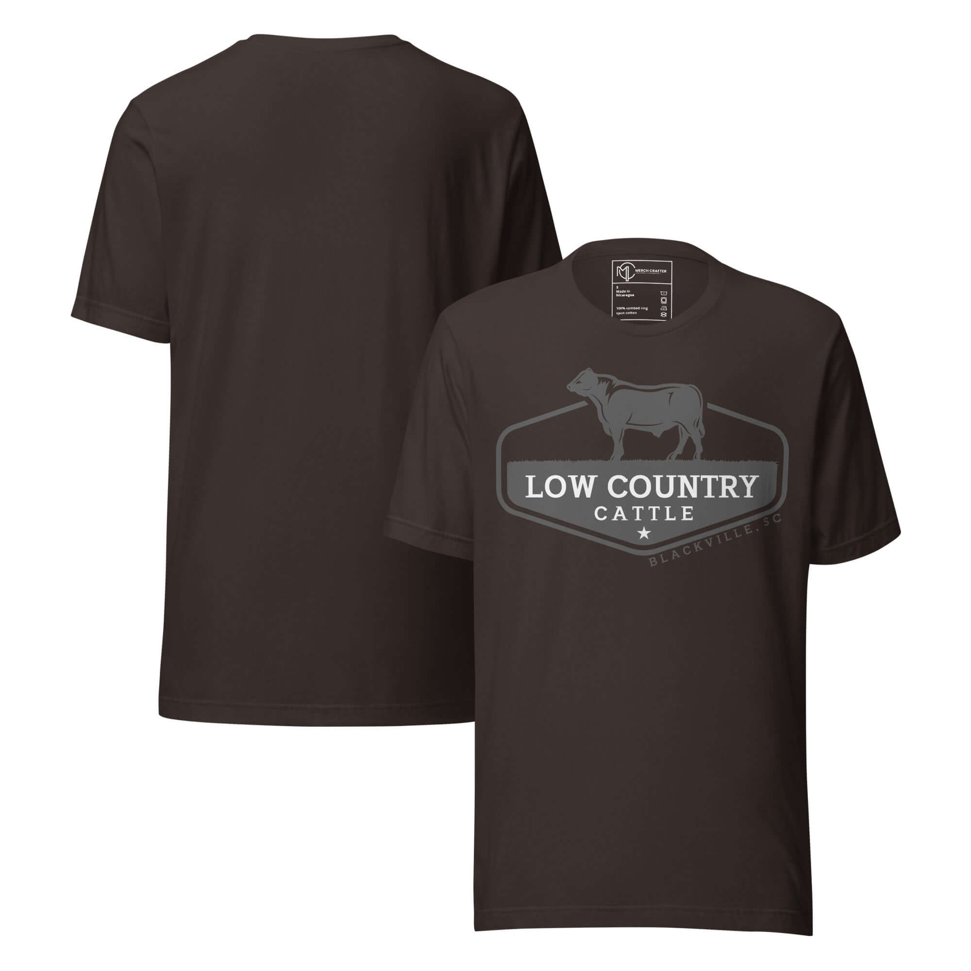 Low Country Cattle Ranch Pride Unisex T-Shirt in dark color featuring cattle logo design on front.