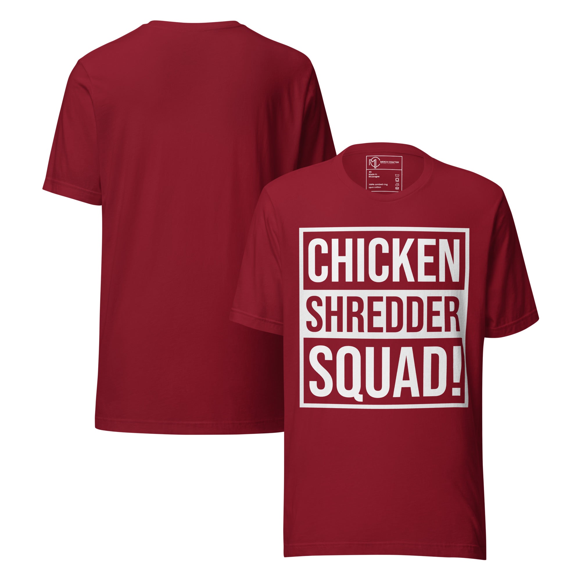 Chicken Shredder Squad Funny Retro Unisex T-Shirt in red with bold typography design