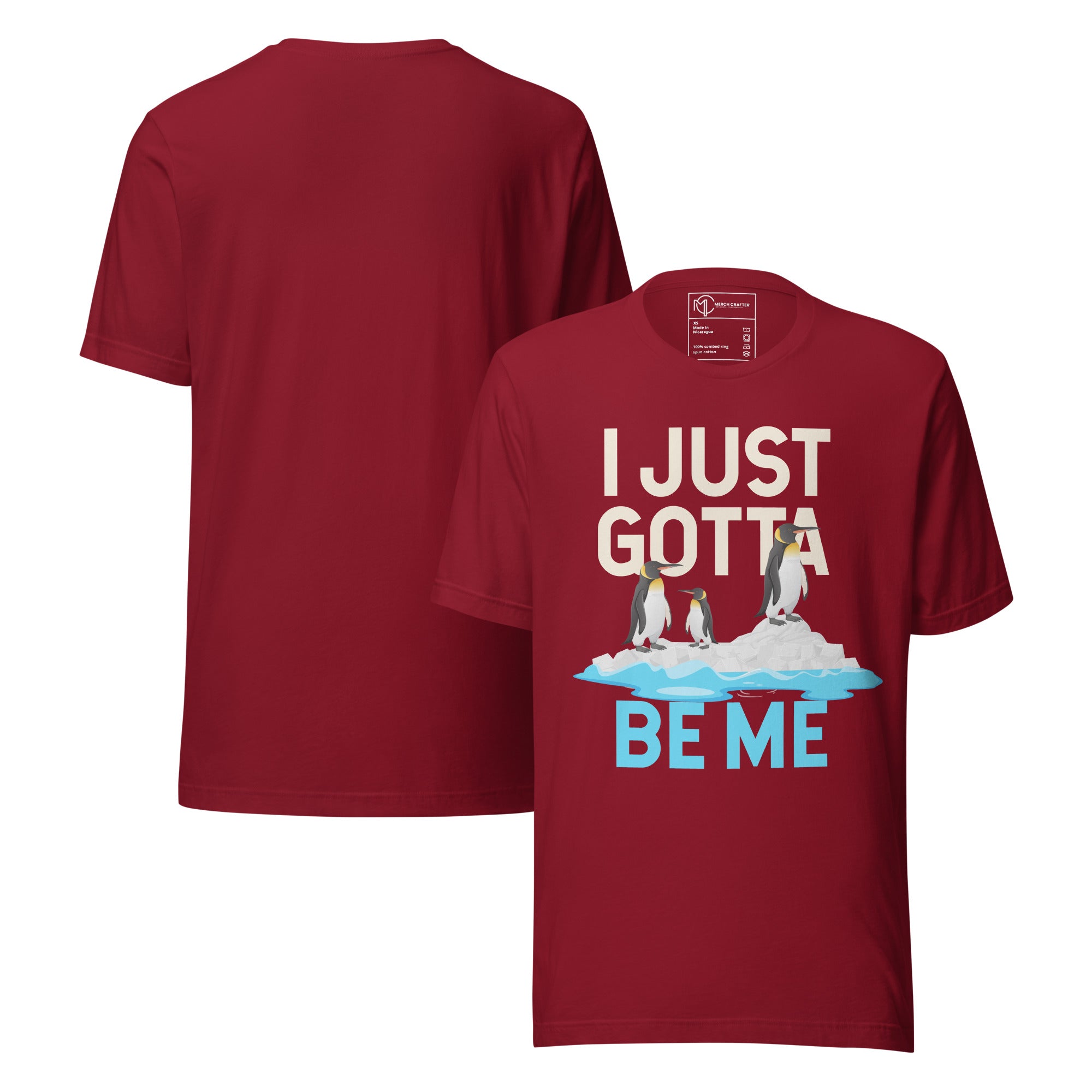 I Just Gotta Be Me Penguin Quote Retro Unisex T-Shirt featuring penguins on ice in a bold design.