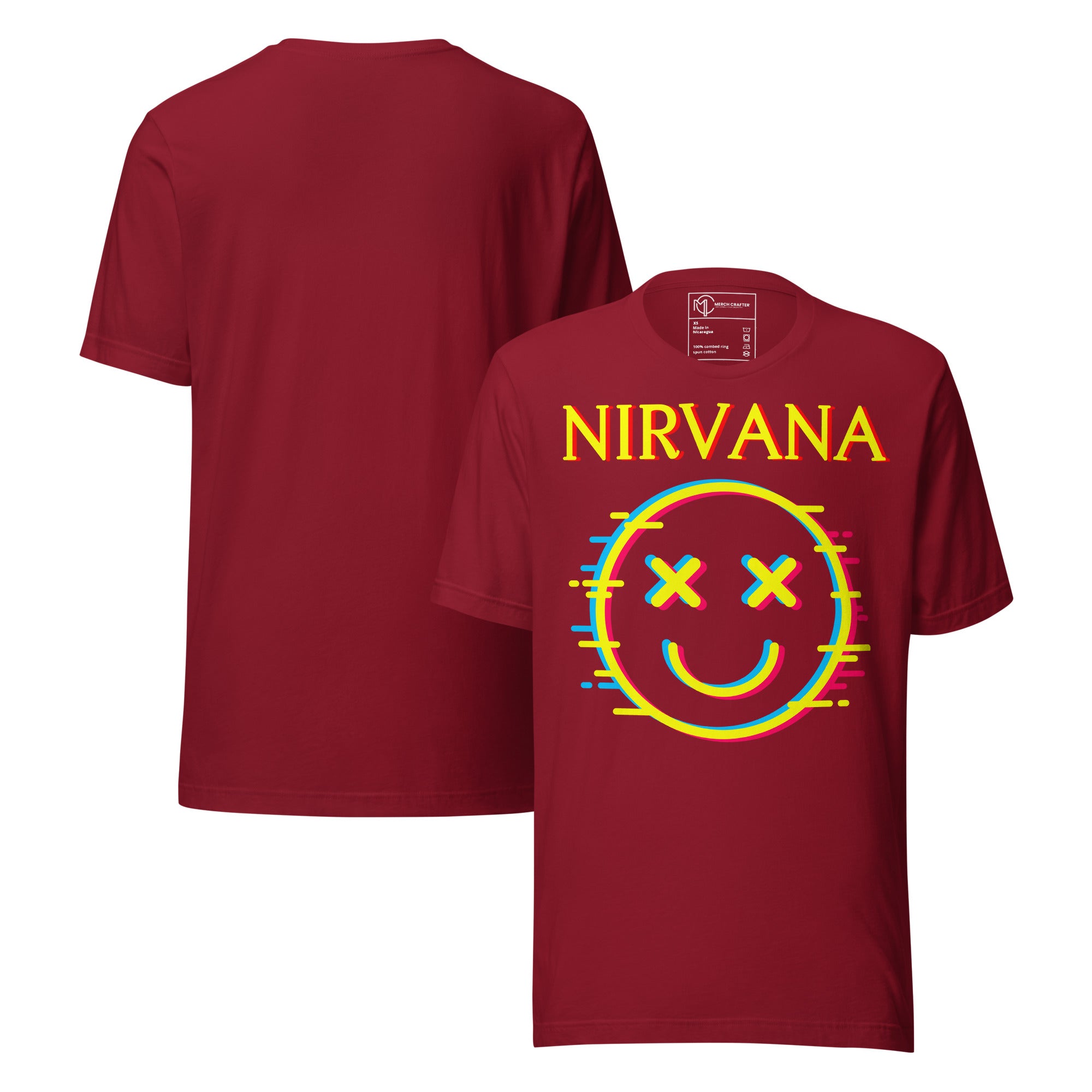 Vintage Nirvana Retro Unisex T-Shirt featuring neon glitch smiley face graphic on a burgundy tee.