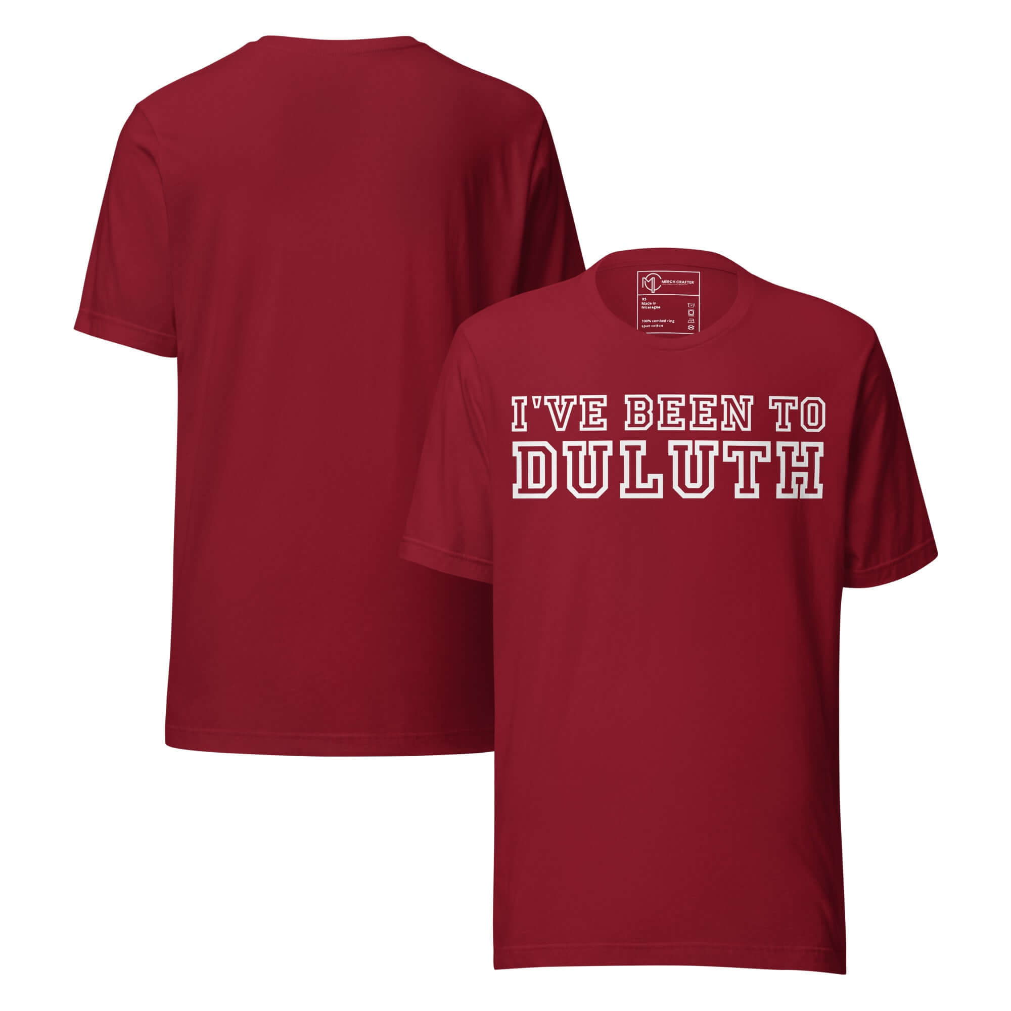 I’ve Been to Duluth Funny Retro Unisex T-Shirt in red, showcasing bold varsity-style lettering.