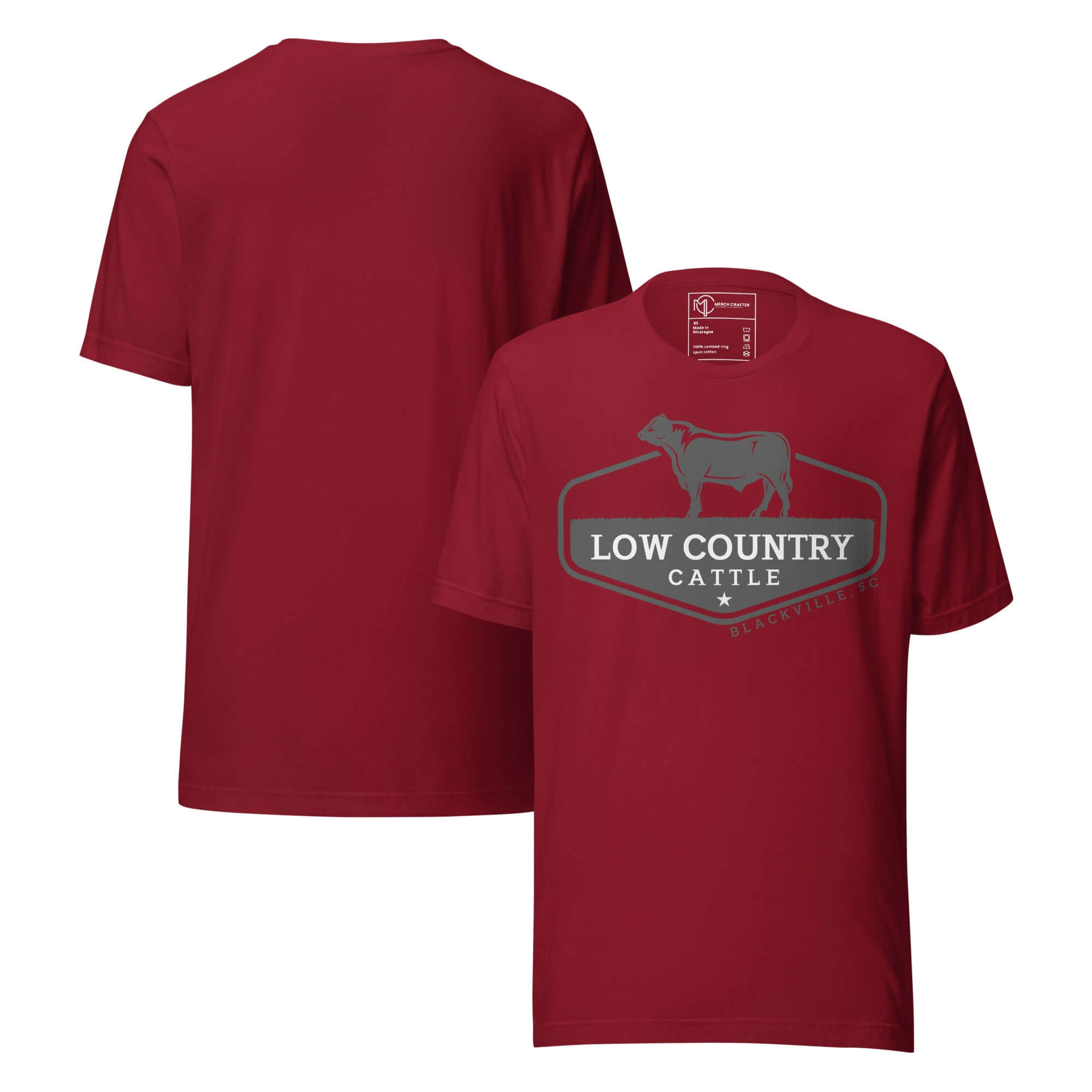 Low Country Cattle Ranch Pride Unisex T-Shirt in red with ranch logo and cattle silhouette design