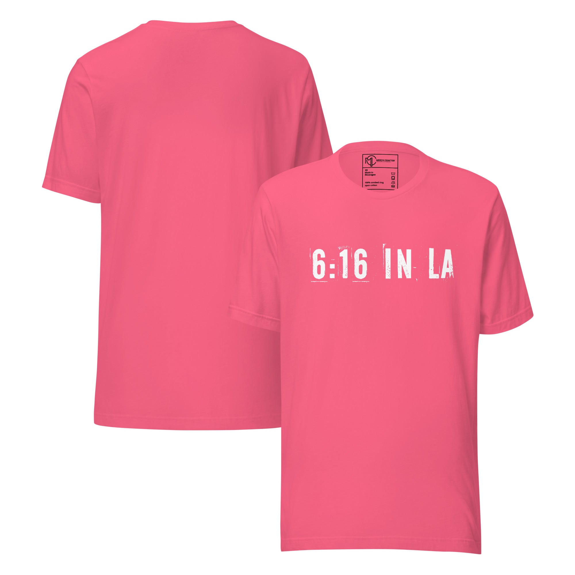 6:16 in LA Retro Unisex T-Shirt featuring bold, distressed lettering on a pink fabric for urban streetwear style.