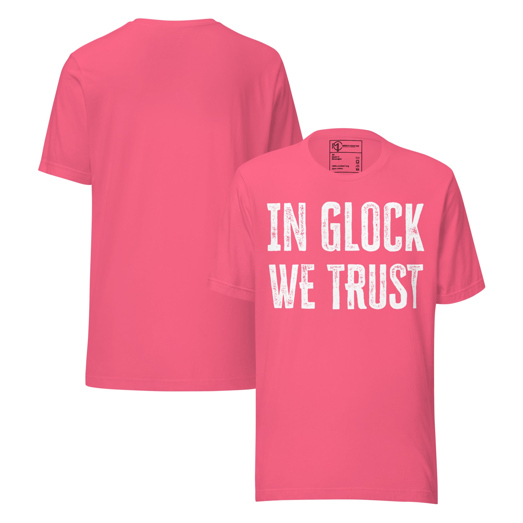 In Glock We Trust Retro Unisex T-Shirt in pink featuring bold distressed text design.