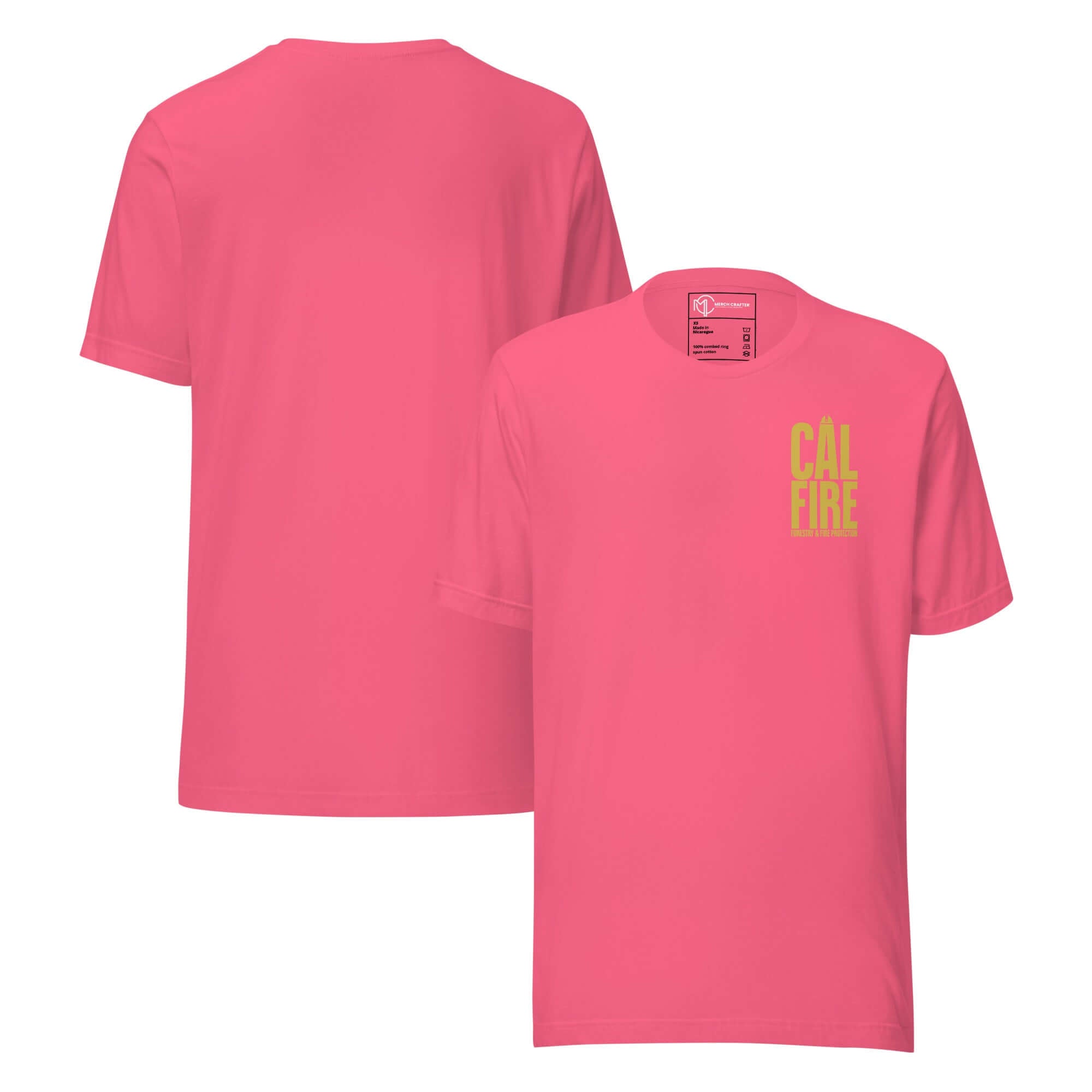 CAL FIRE Forestry & Fire Protection Retro Unisex T-Shirt in pink with bold gold lettering.