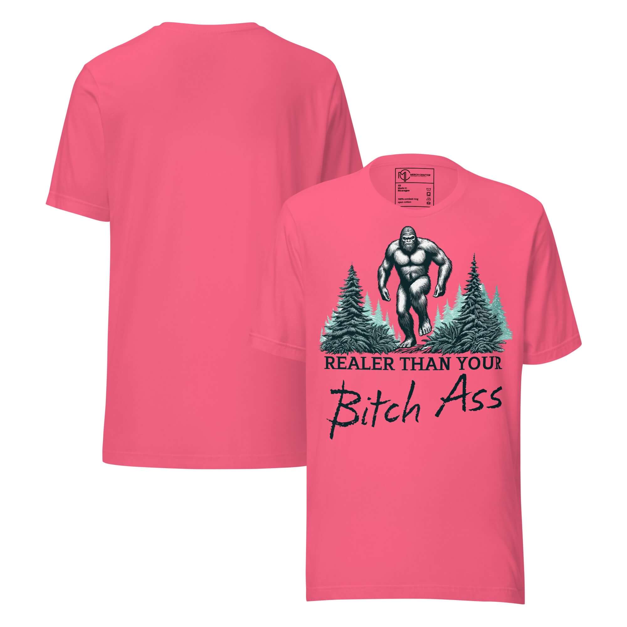 Bigfoot Realer Than Your Bitch Ass Funny Sasquatch T-Shirt featuring retro Bigfoot design and forest graphics.