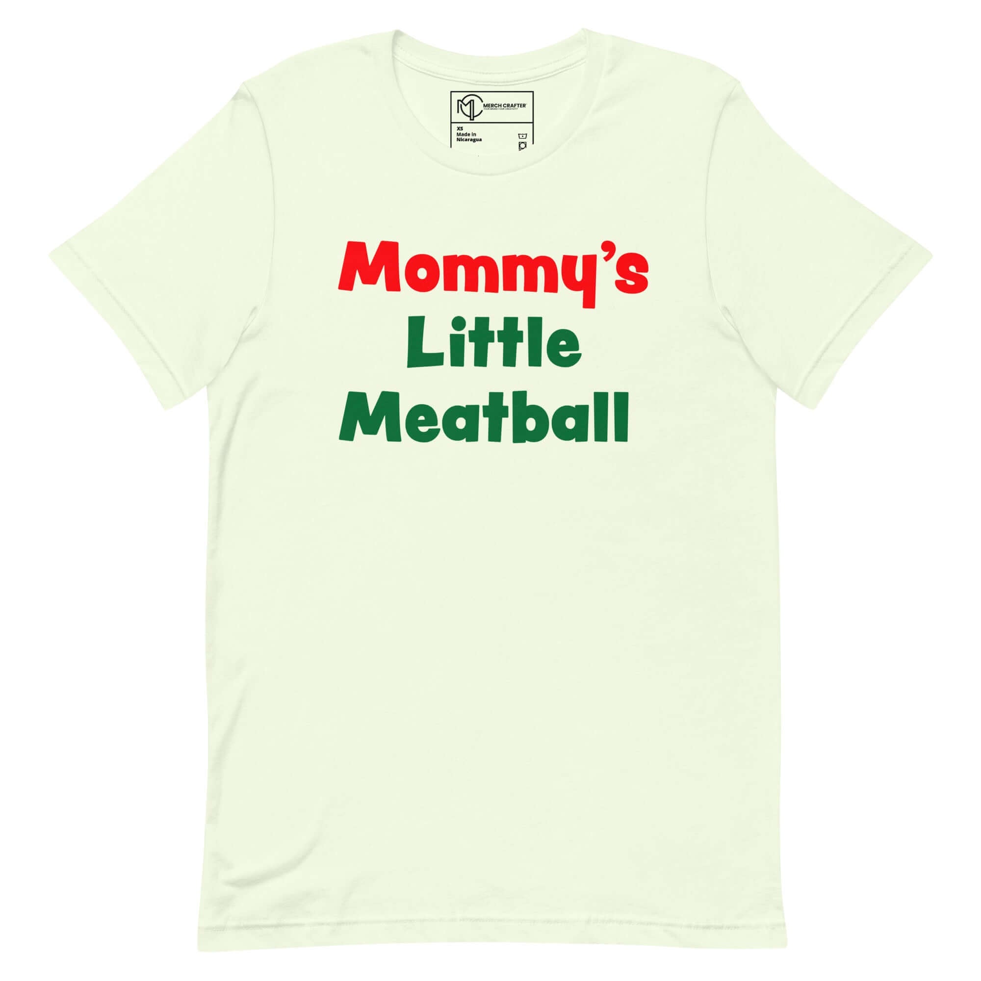Mommy's Little Meatball baby t-shirt in light color with bold red and green text for fun toddler wear.
