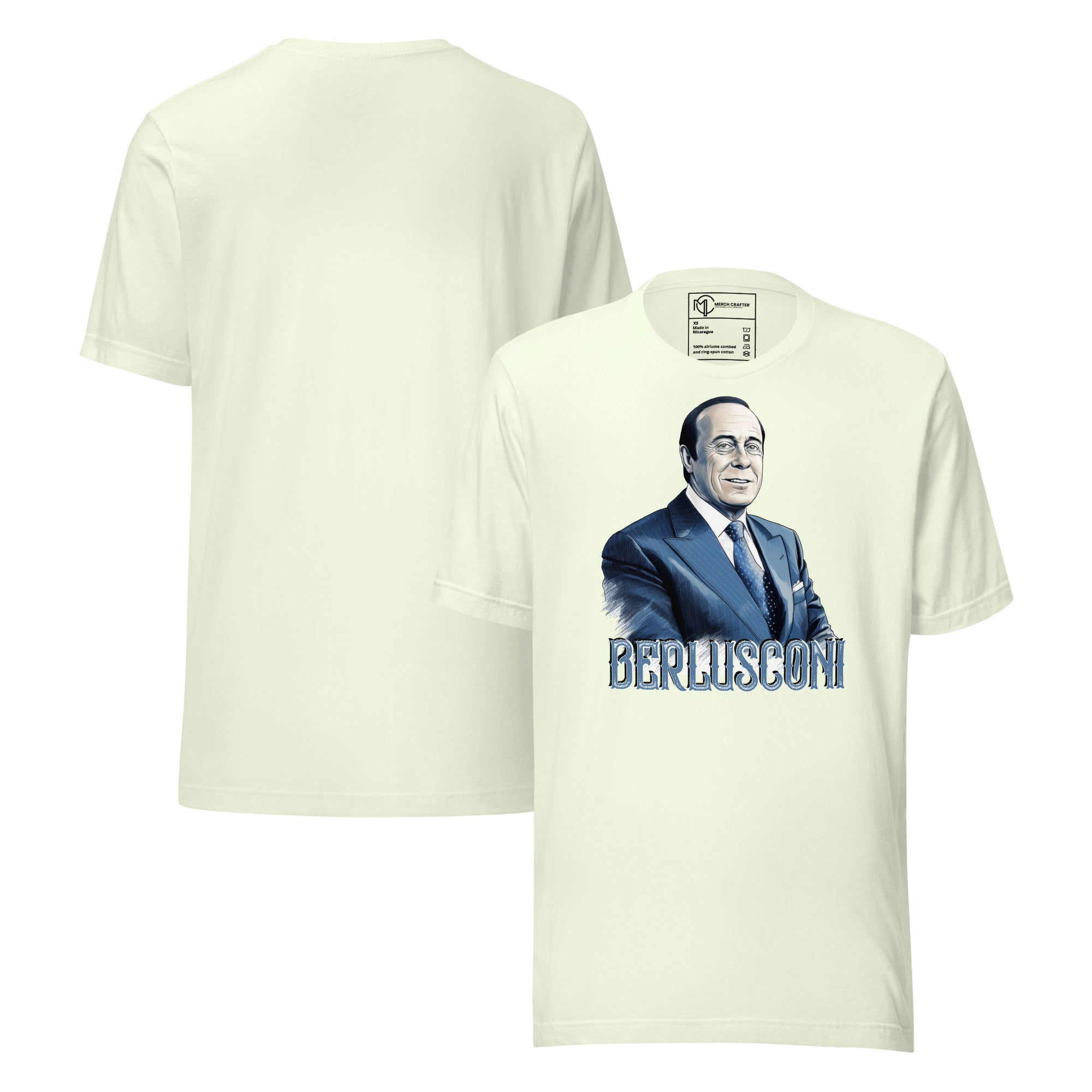 Berlusconi Retro Unisex T-Shirt featuring an illustrated portrait of Silvio Berlusconi in vintage style.