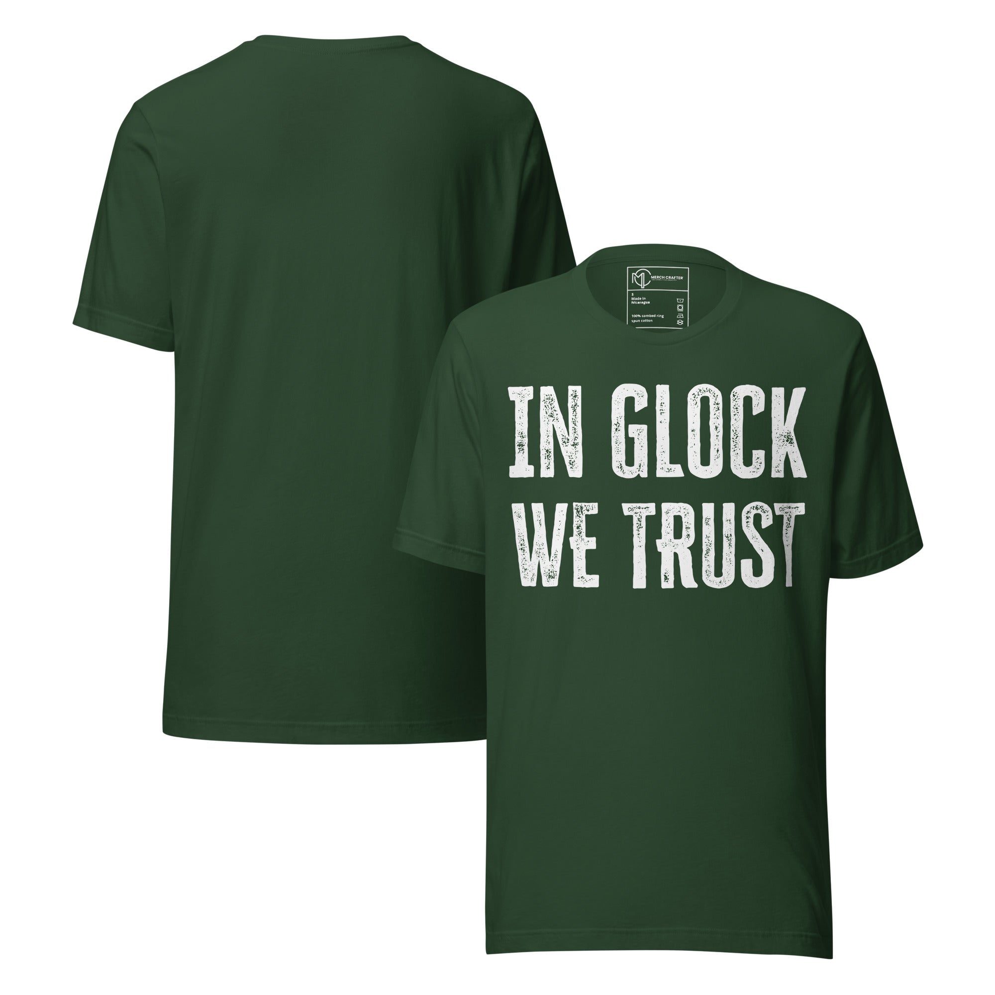 In Glock We Trust Retro Unisex T-Shirt in olive green with distressed text design on front and back.