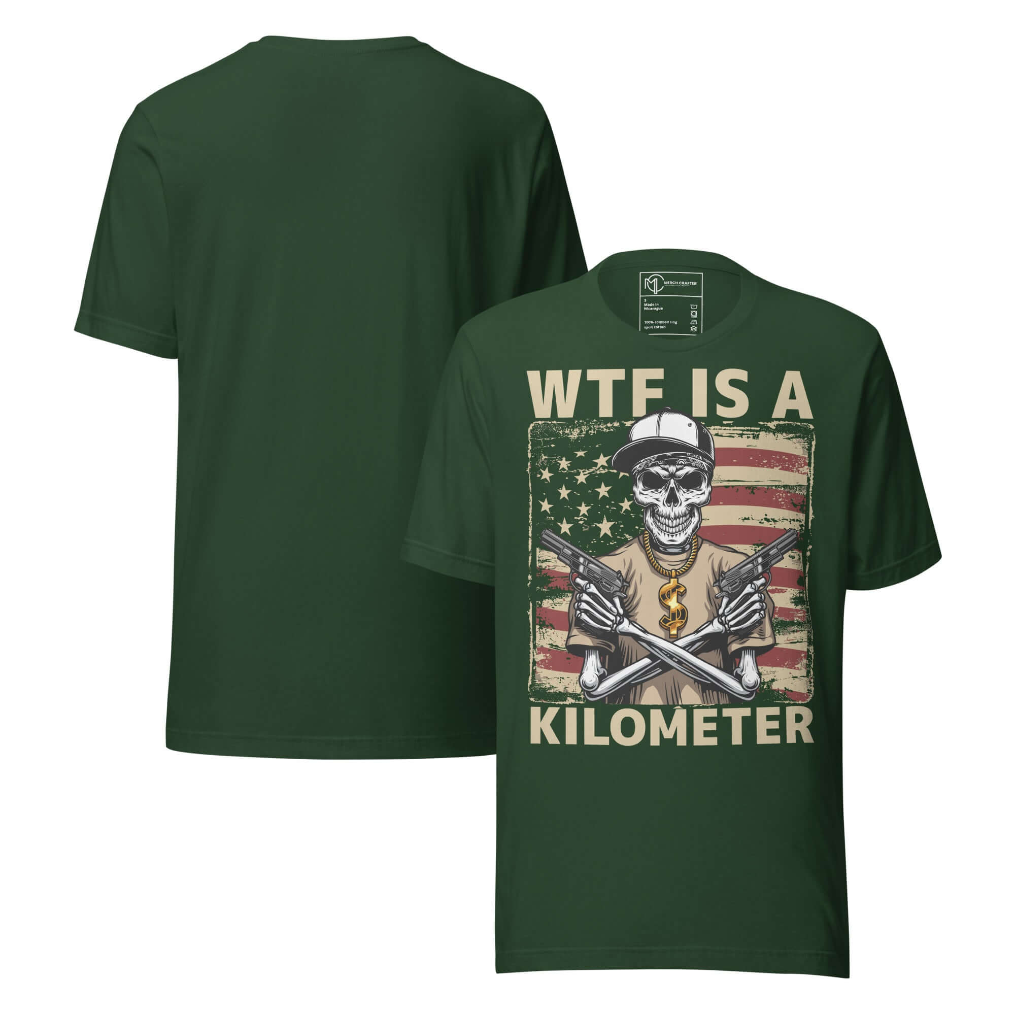 WTF Is a Kilometer Funny Patriotic Unisex T-Shirt with skeleton gangster and American flag graphic.