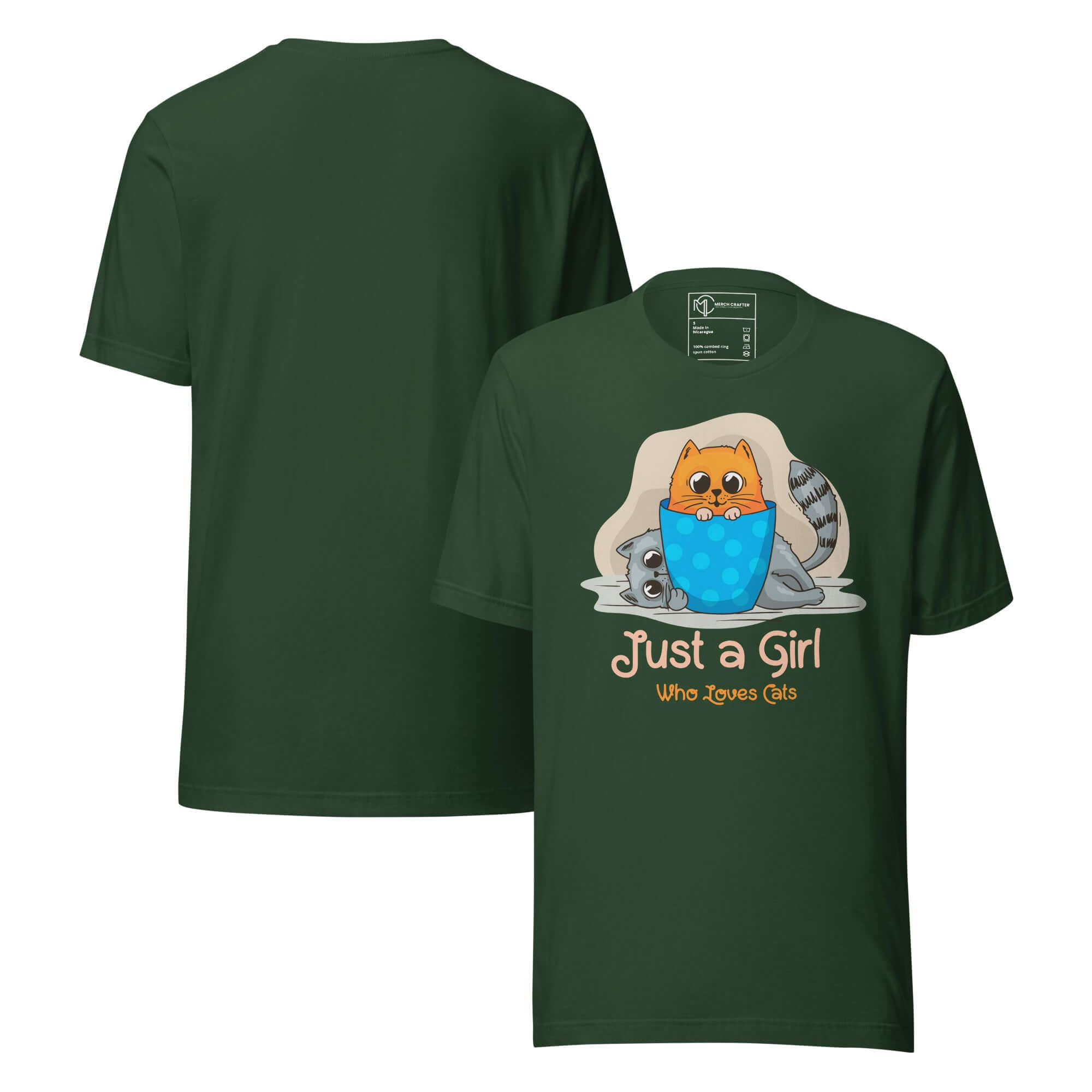 Just a Girl Who Loves Cats Cute Unisex T-Shirt featuring a cartoon cat design on a green background.