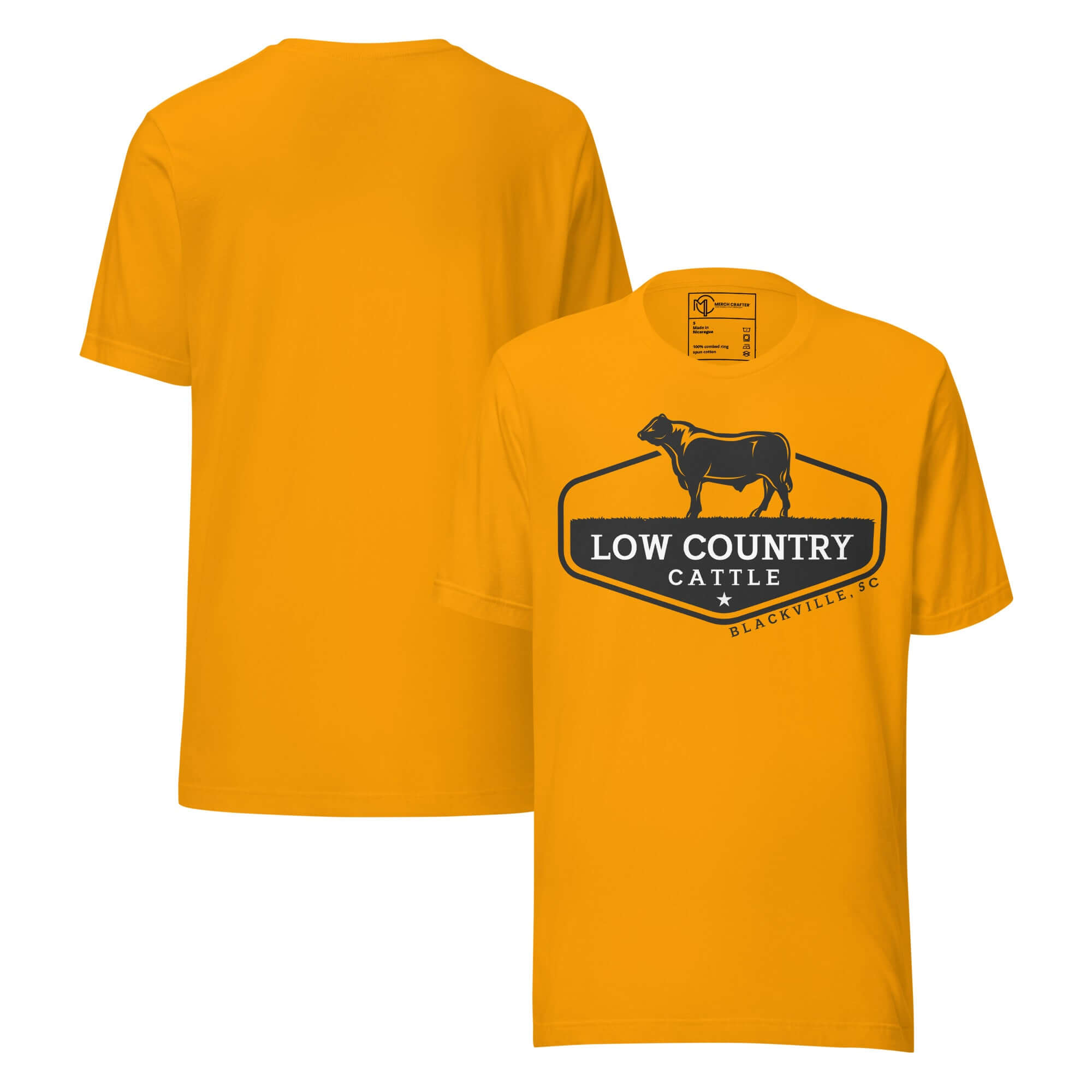 Low Country Cattle Ranch Pride Unisex T-Shirt in vibrant yellow with cattle silhouette and ranch logo design.