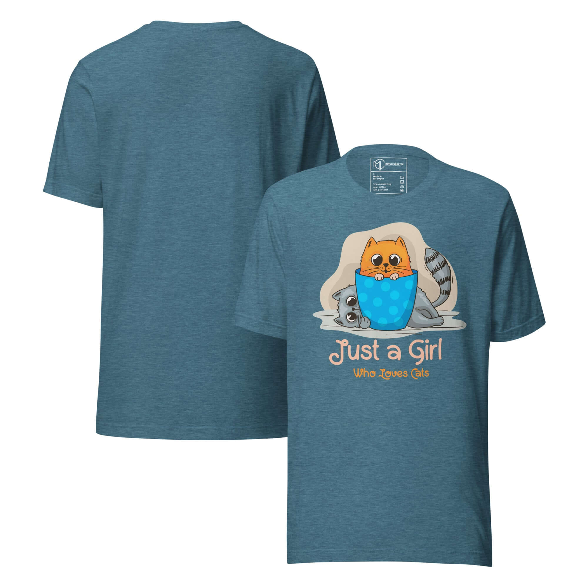 Just a Girl Who Loves Cats Cute Unisex T-Shirt featuring an adorable cat graphic on a blue background.