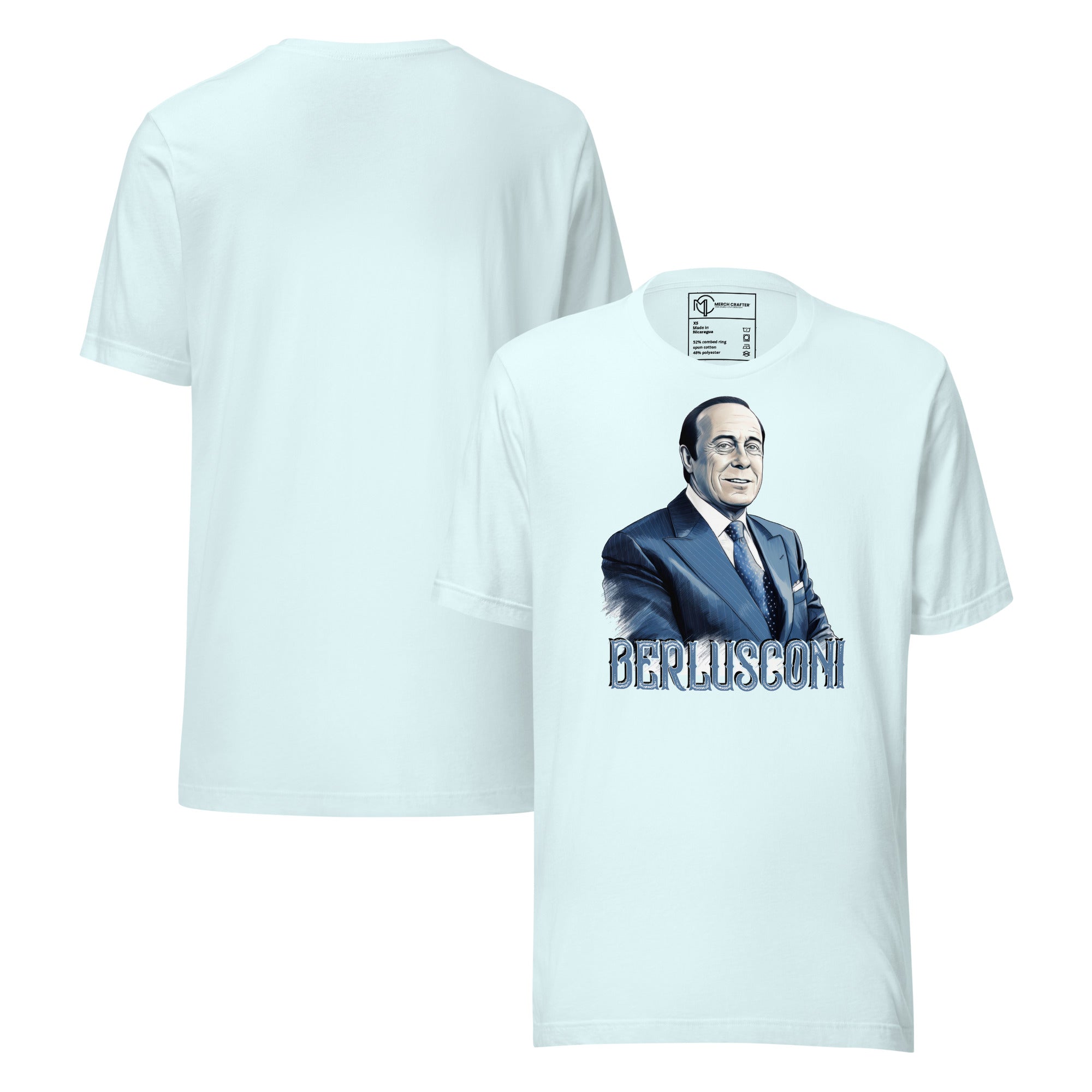 Berlusconi Retro Unisex T-Shirt featuring an illustrated portrait of Silvio Berlusconi in vintage style.