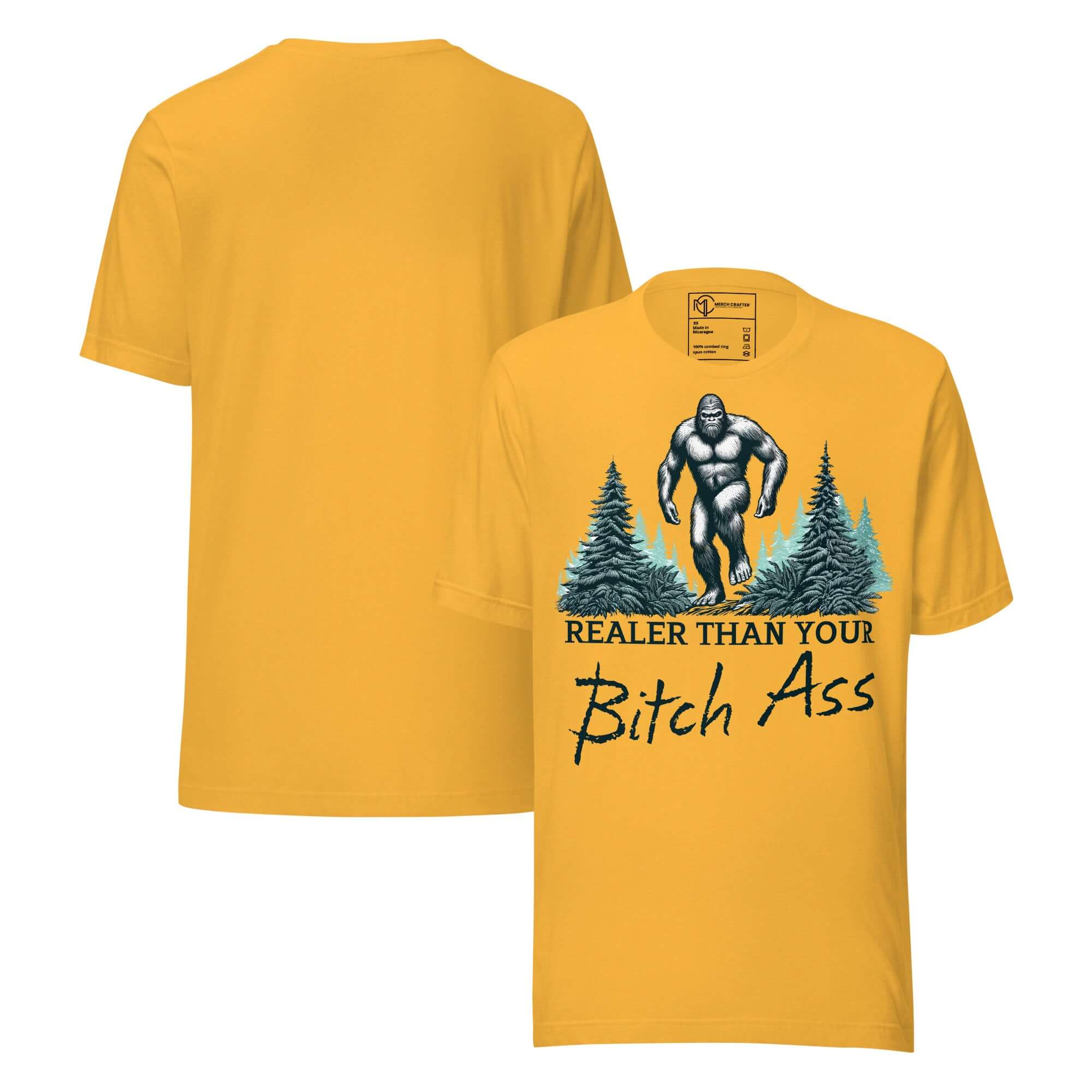 Bigfoot Realer Than Your Bitch Ass Funny Sasquatch T-Shirt featuring a retro design and forest background.