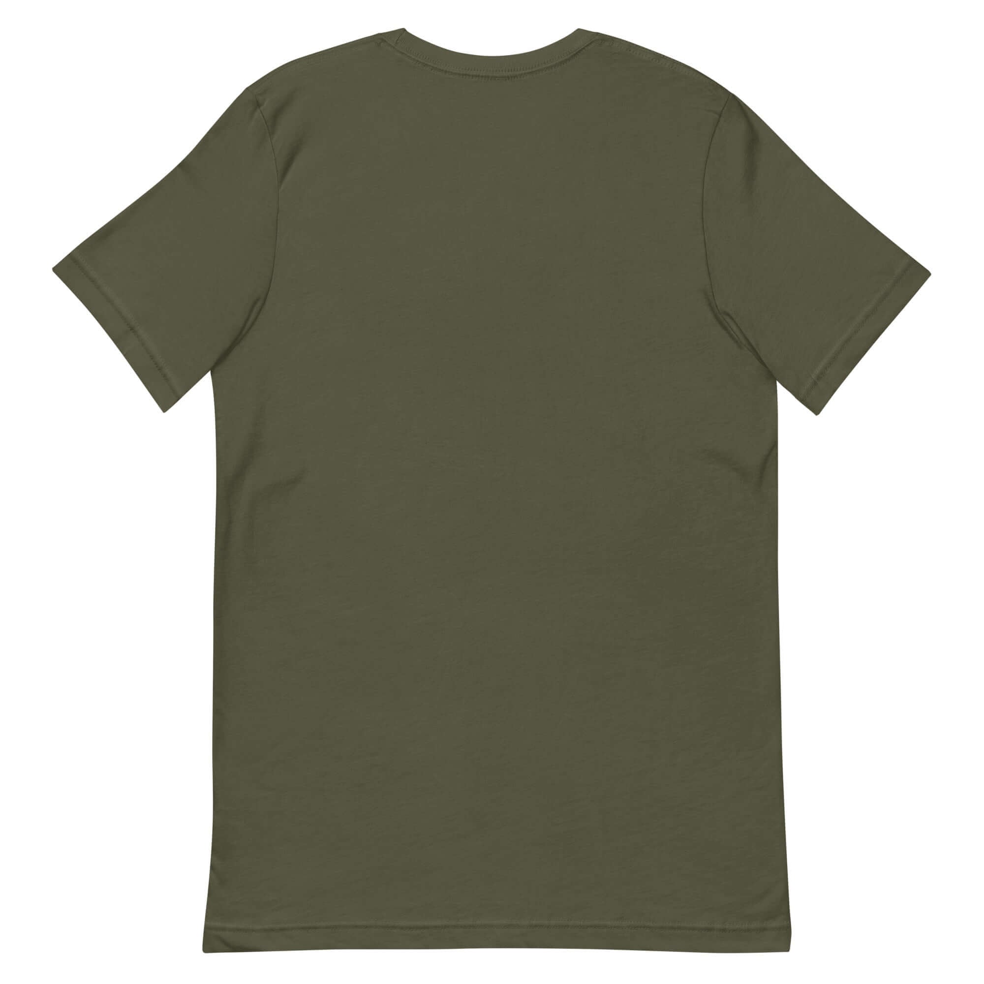 Back view of an olive green T-shirt, perfect for casual wear and comfortable style.