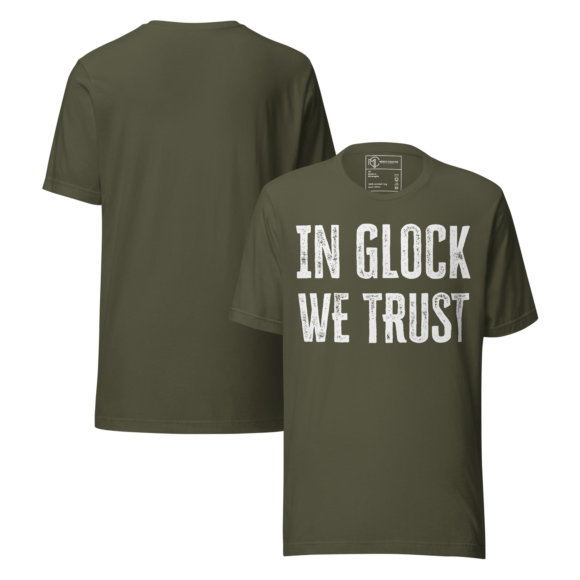 In Glock We Trust Retro Unisex T-Shirt in olive green featuring distressed block text design.