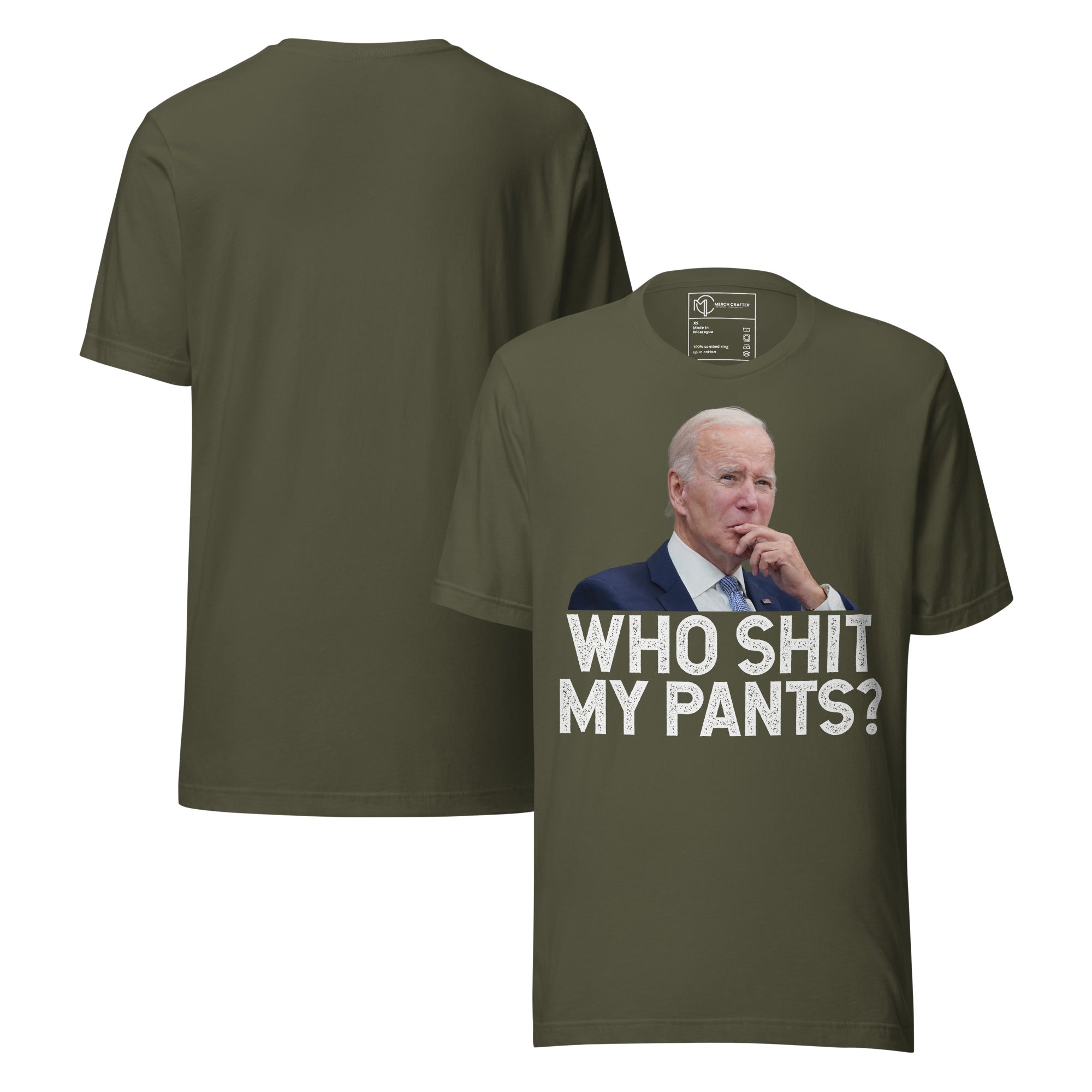 Who Shit My Pants Funny Anti Biden Retro Unisex T-Shirt in olive green color with bold graphic design.