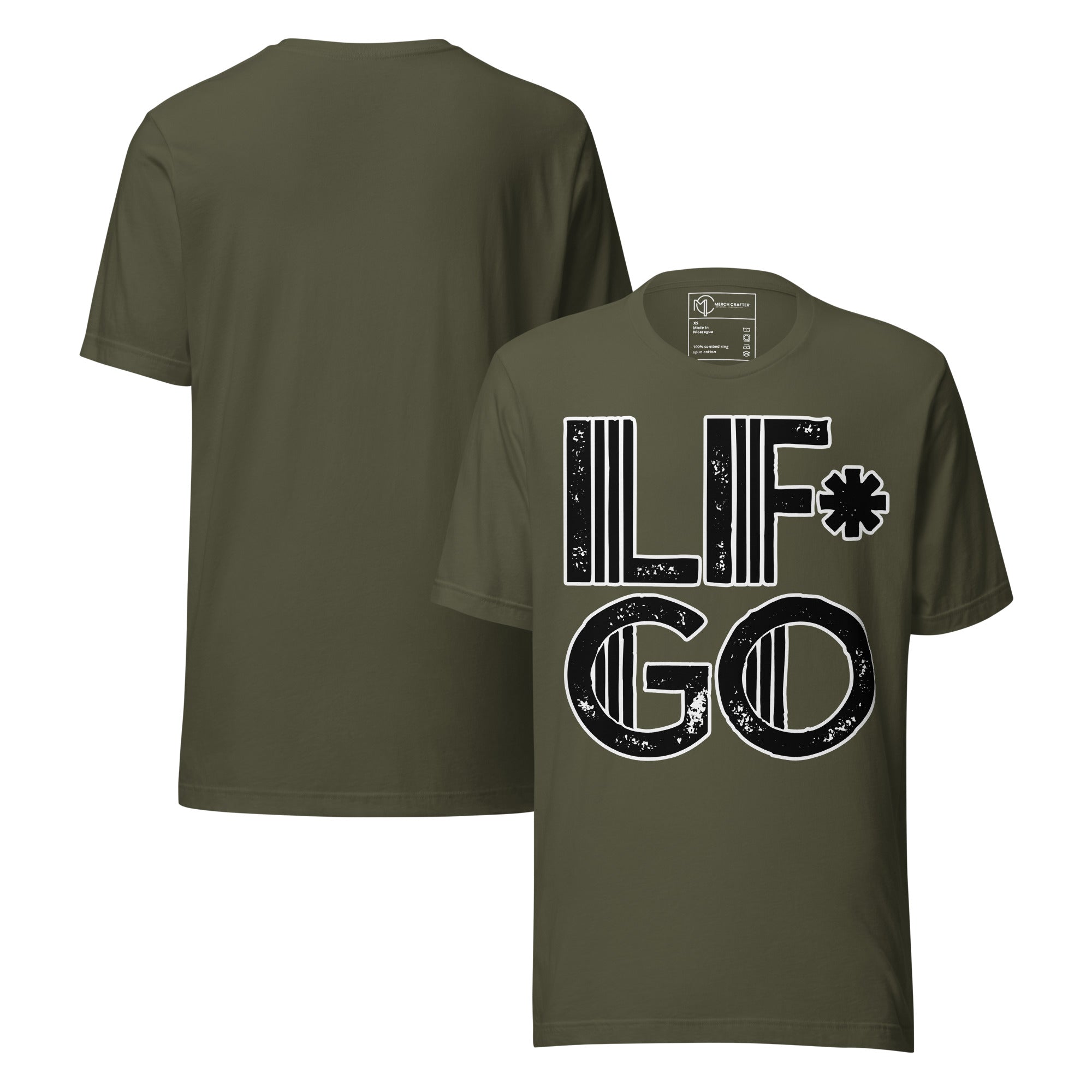 LF*GO Funny Retro Unisex T-Shirt in olive green with bold distressed typography on front and back.