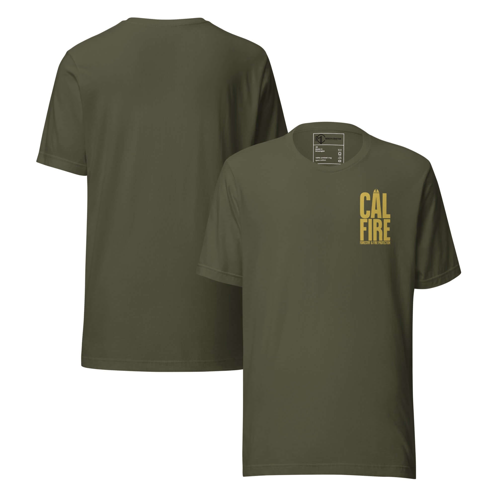 CAL FIRE Forestry & Fire Protection Retro Unisex T-Shirt in olive green with bold gold lettering.