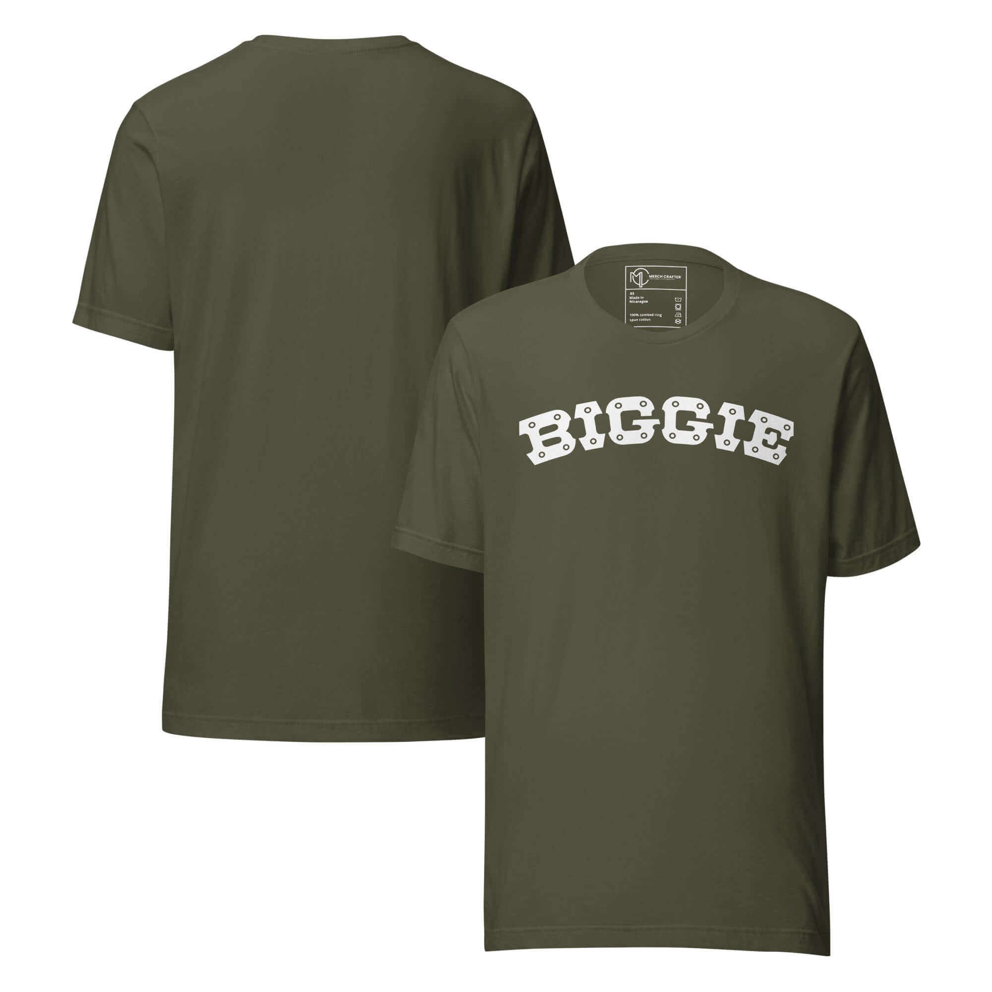 Biggie Retro Hip Hop Unisex T-Shirt in olive green, featuring bold block lettering on a soft, lightweight fabric.