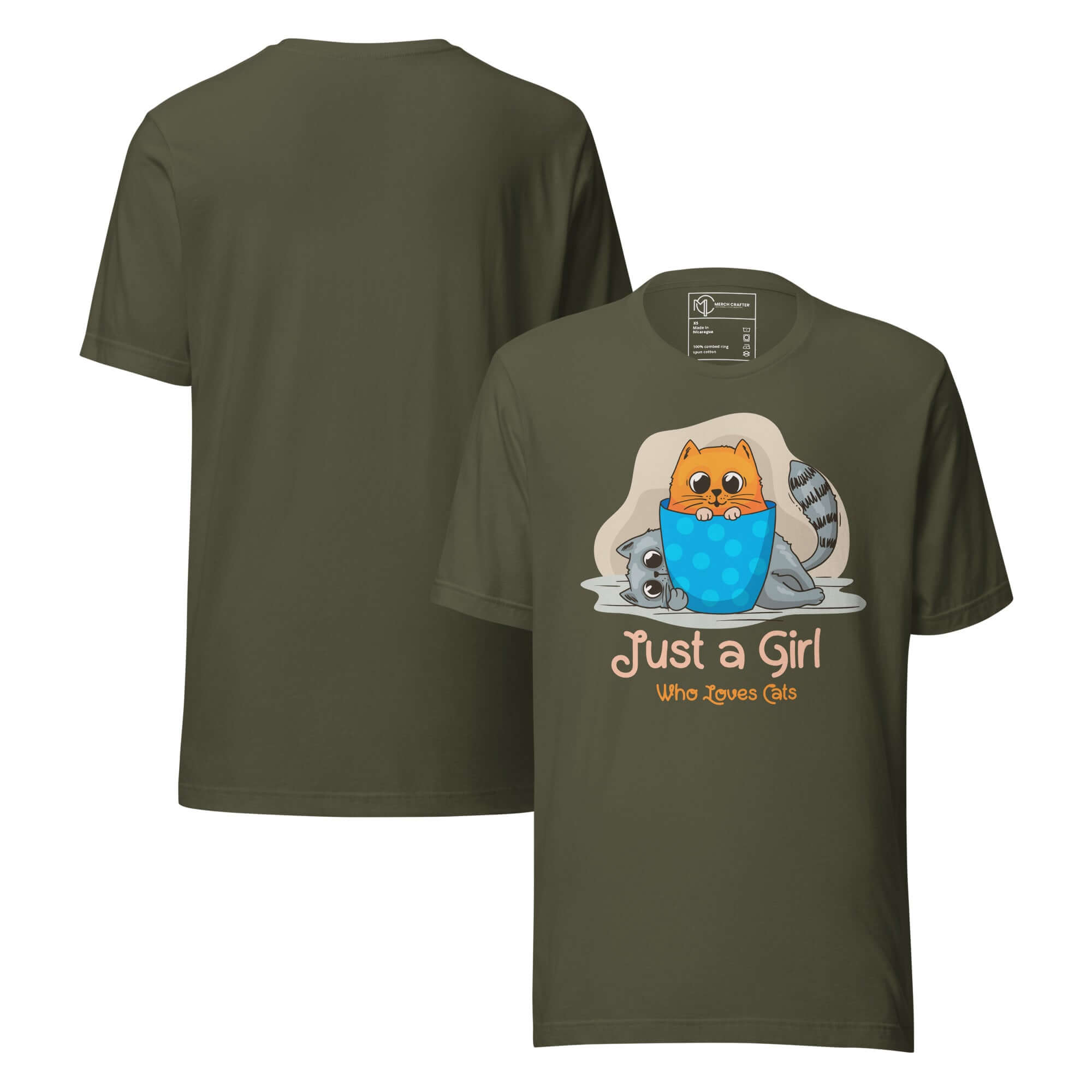 Just a Girl Who Loves Cats Cute Unisex T-Shirt with cartoon cat design on olive green fabric.