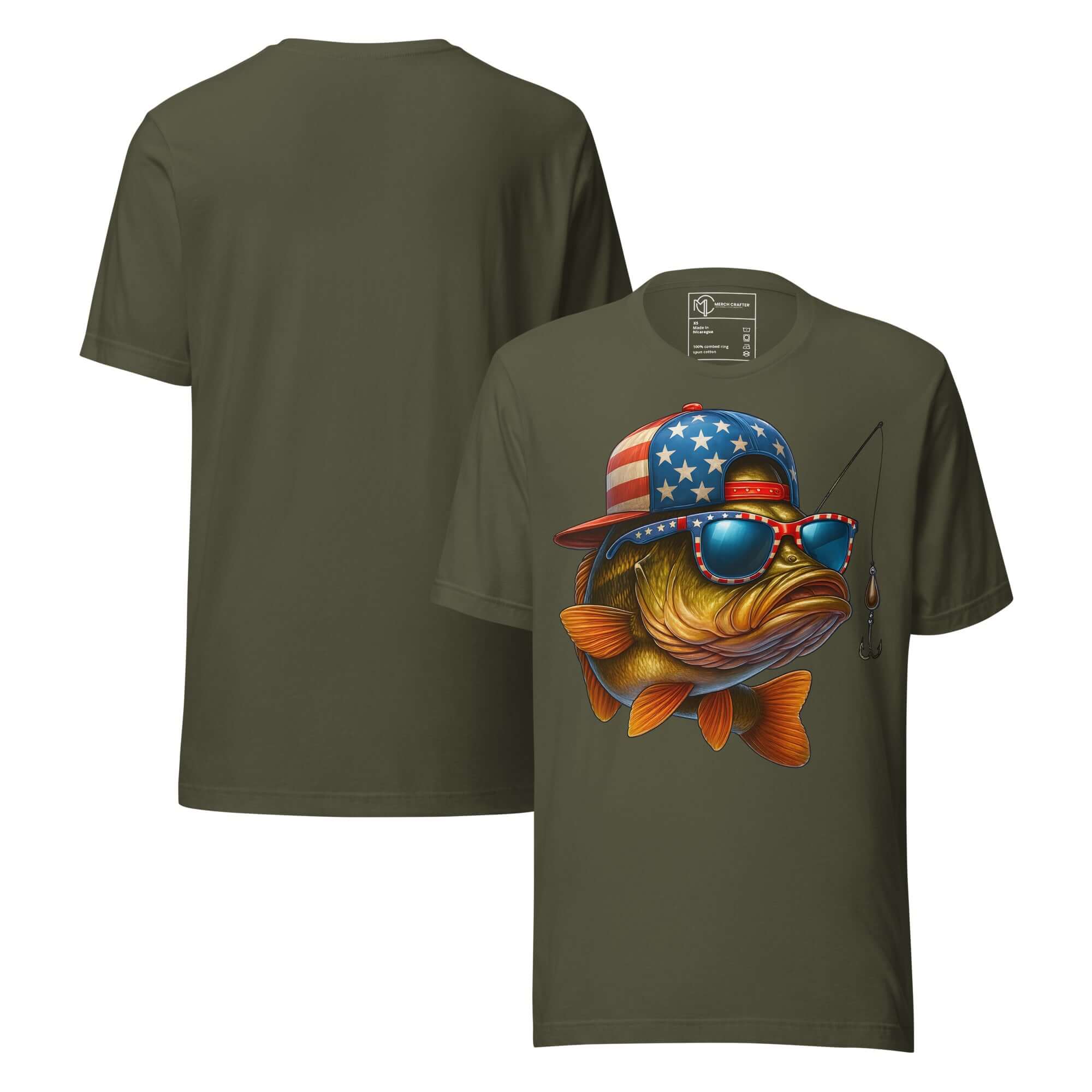 Patriotic Bass Fishing USA Flag Unisex T-Shirt featuring a bass fish with American flag sunglasses and cap.