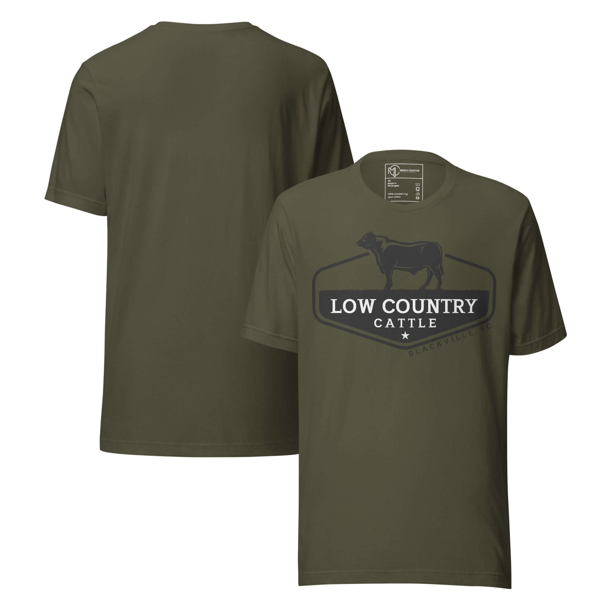 Low Country Cattle Ranch Pride Unisex T-Shirt featuring a cattle silhouette and ranch logo in olive green.