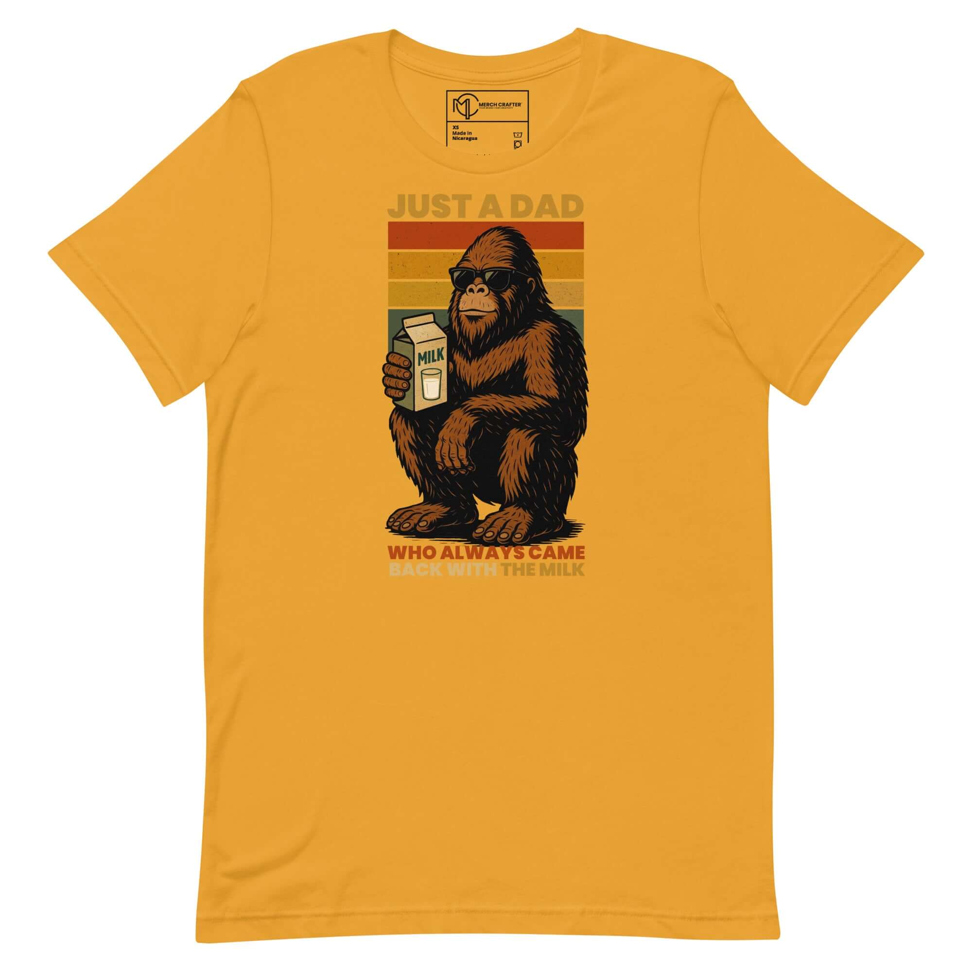 Funny Bigfoot T-shirt featuring a Sasquatch holding milk, celebrating dads with the phrase 'Just a Dad Who Always Came Back with the Milk'.