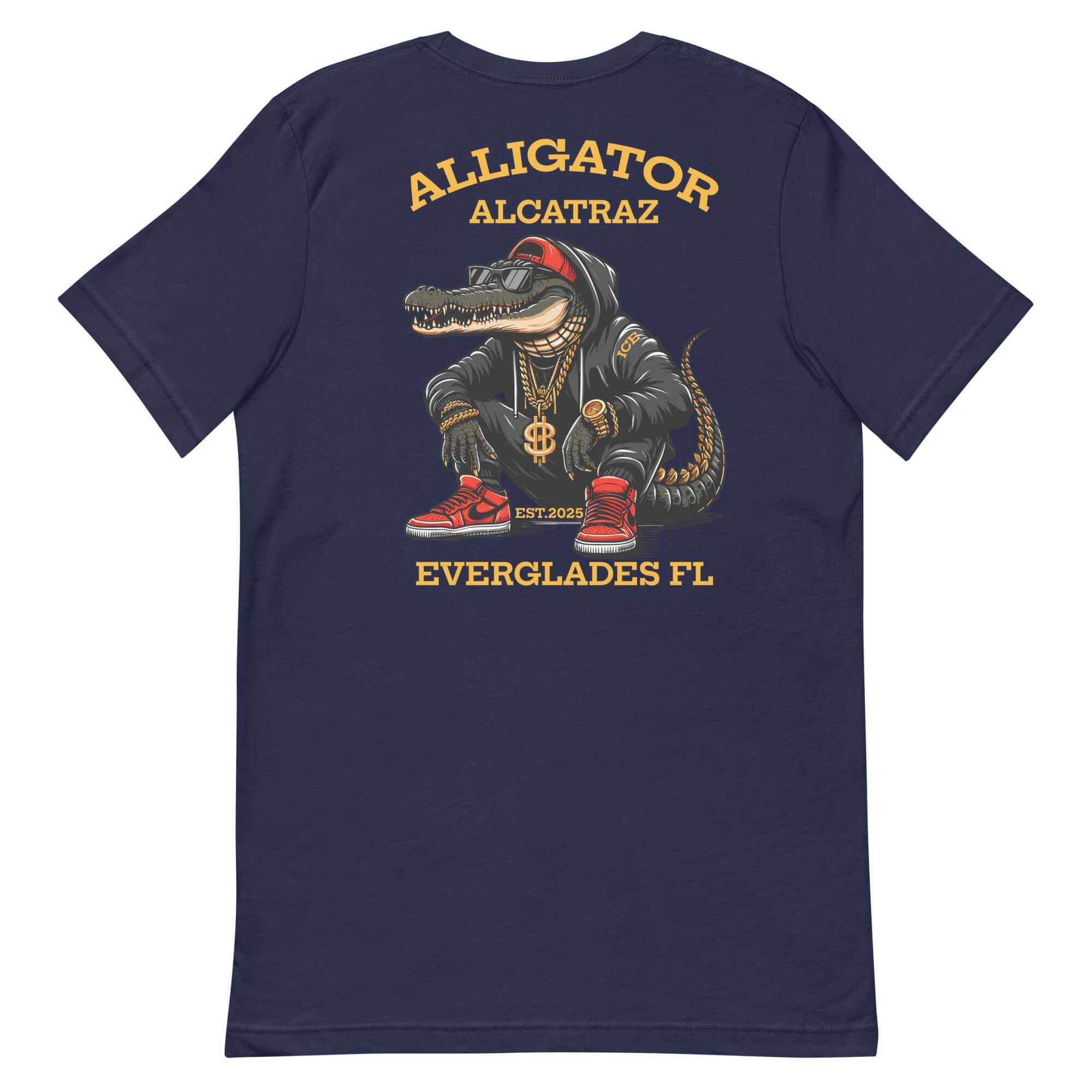 Alligator Alcatraz shirt featuring cartoon alligator in hoodie and bling, representing Florida swamp humor.