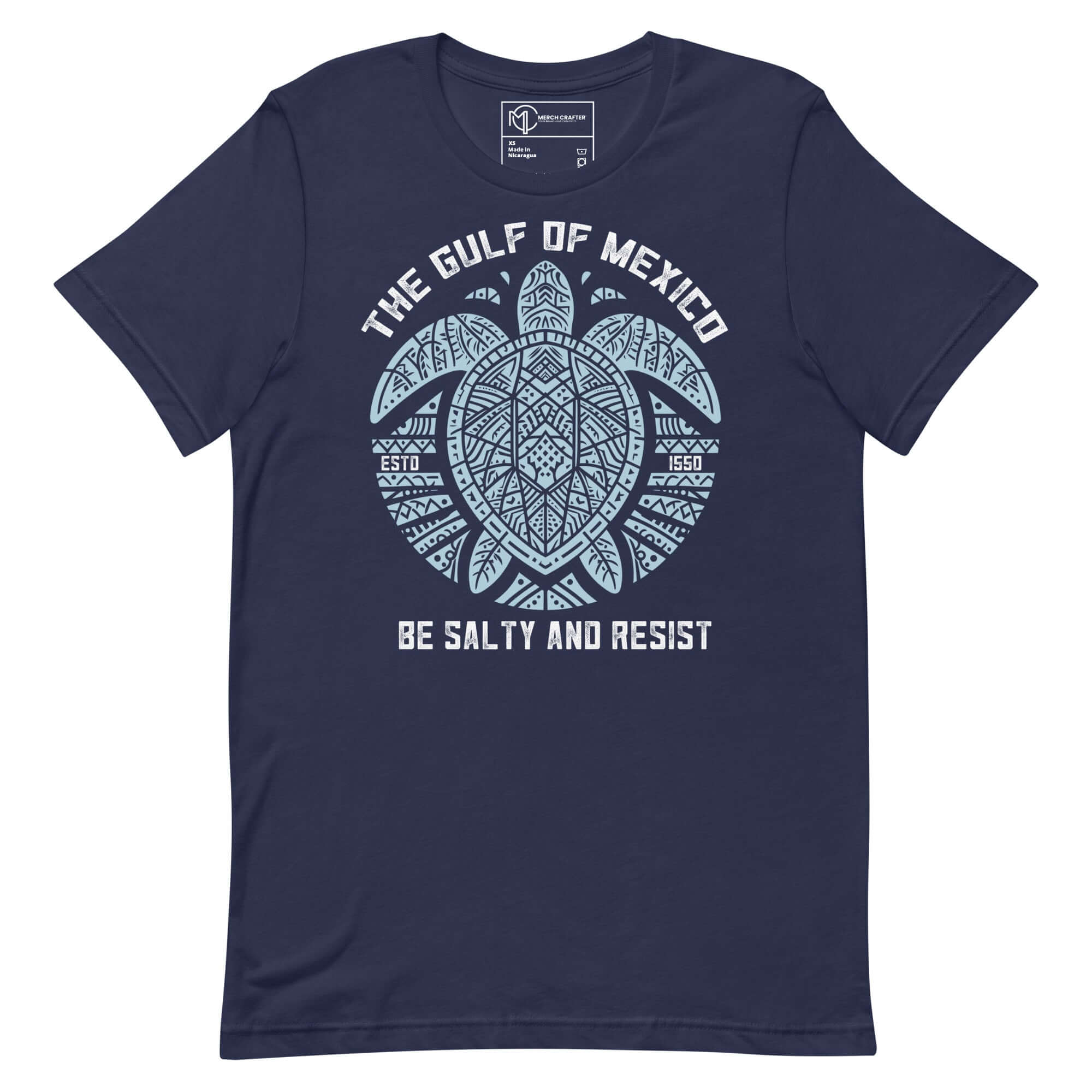 Gulf of Mexico Tribal Turtle t-shirt featuring 'Be Salty and Resist' design, celebrating marine life and coastal culture.