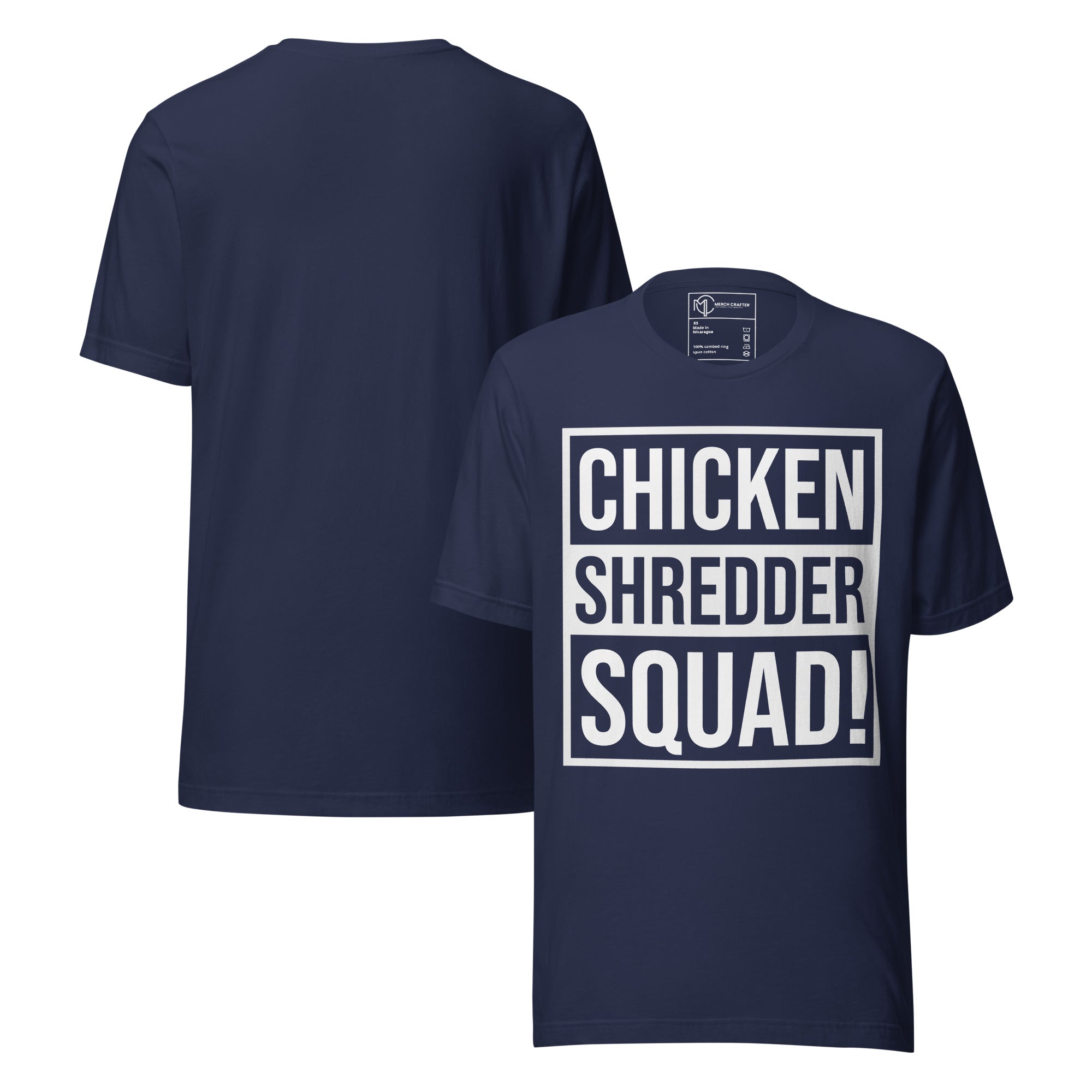 Chicken Shredder Squad Funny Retro Unisex T-Shirt in navy blue featuring bold typography.