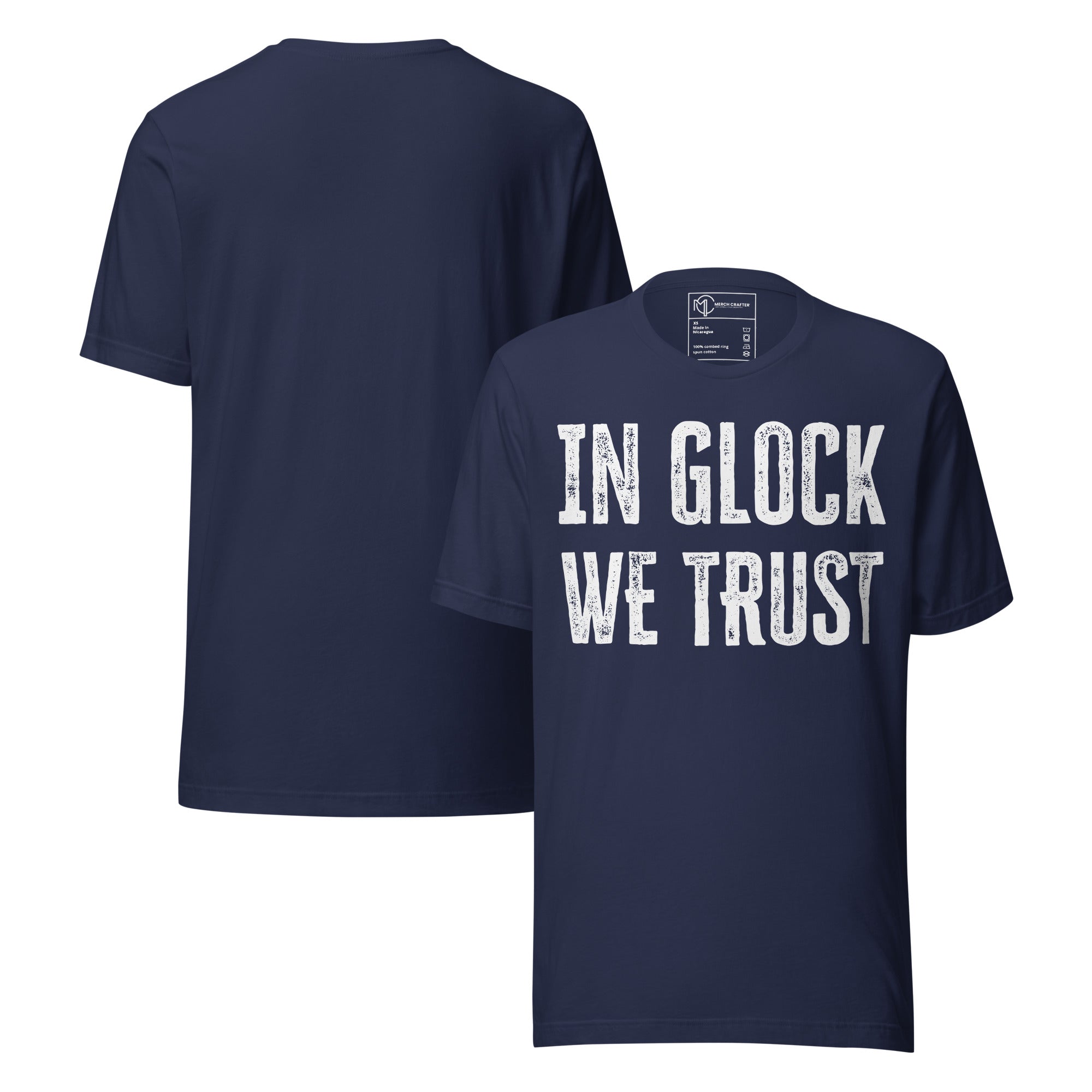In Glock We Trust Retro Unisex T-Shirt featuring distressed text design on navy fabric.