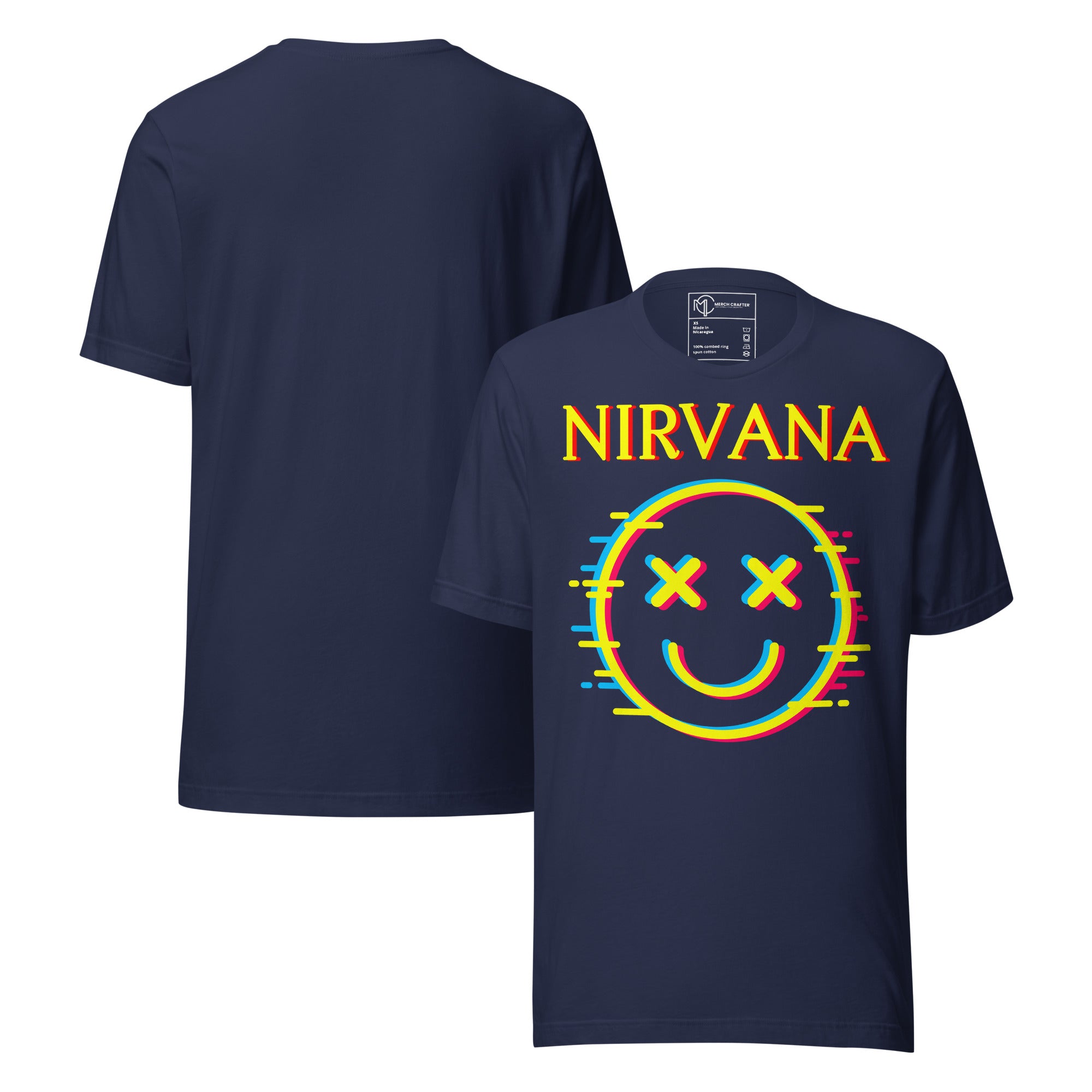 Vintage Nirvana Retro Unisex T-Shirt featuring a neon glitch smiley face graphic, perfect for grunge culture enthusiasts.