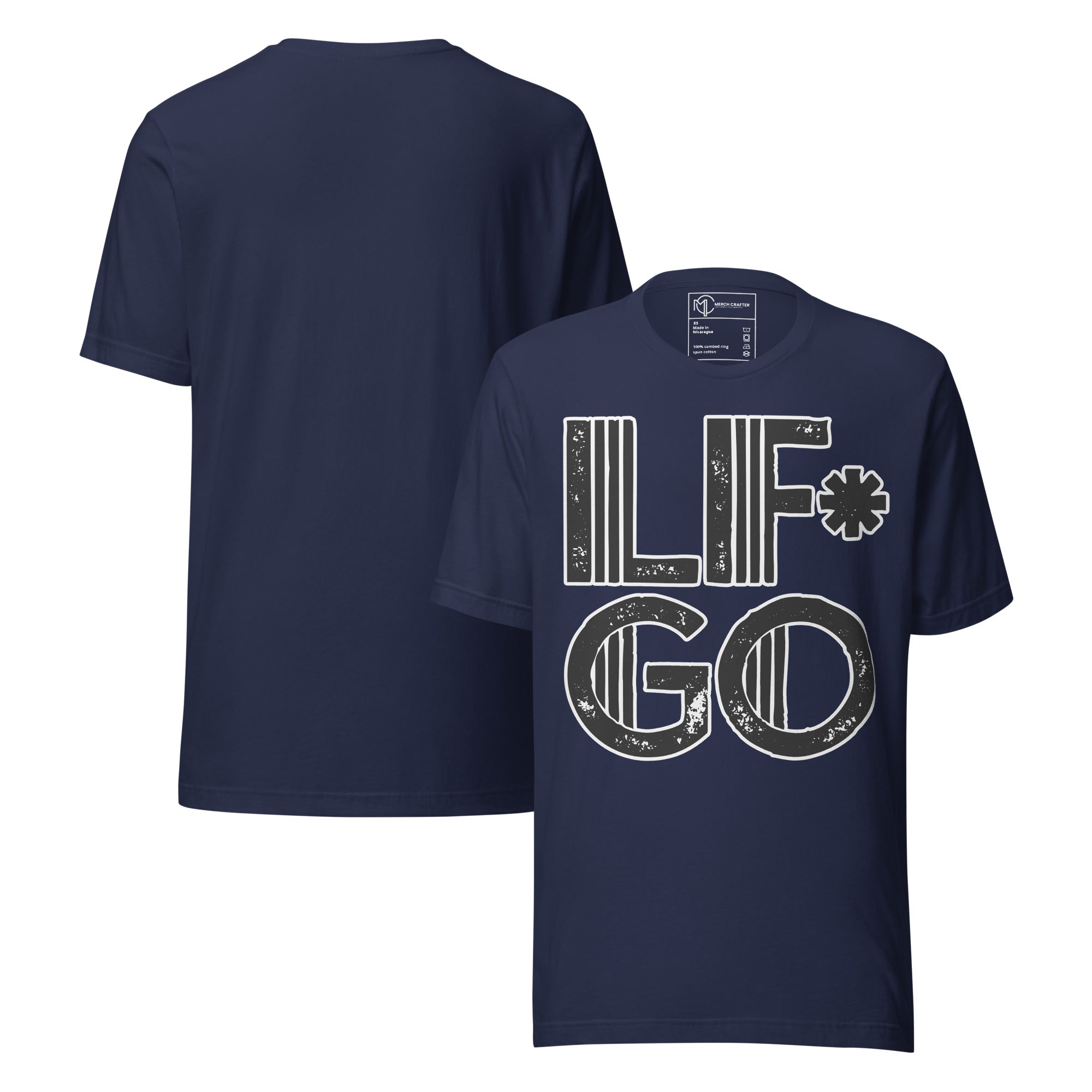 LF*GO Funny Retro Unisex T-Shirt featuring bold distressed typography on a navy background.